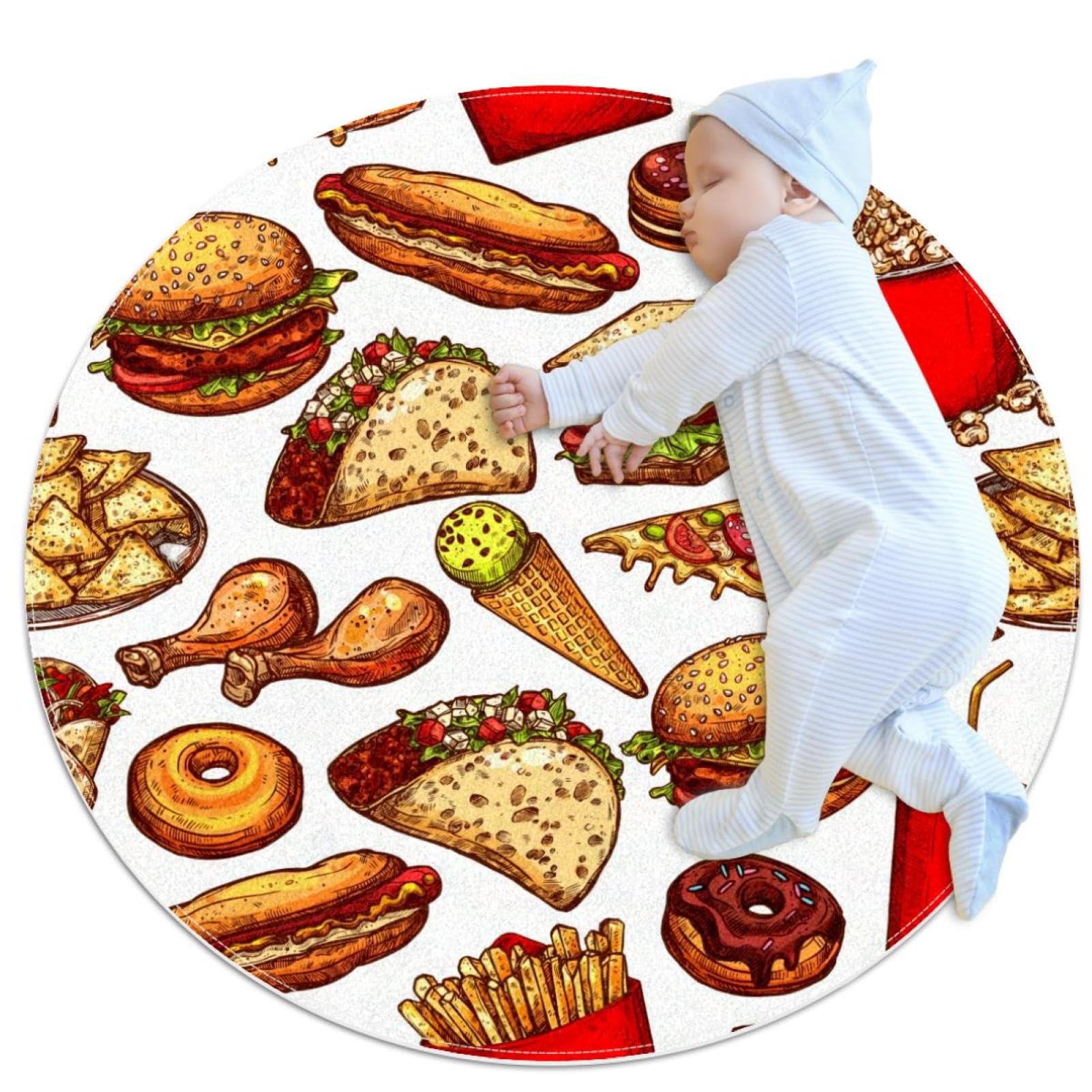 Tapis de salle de bain rond 1m antidérapant motif hamburger et frites multicolore
