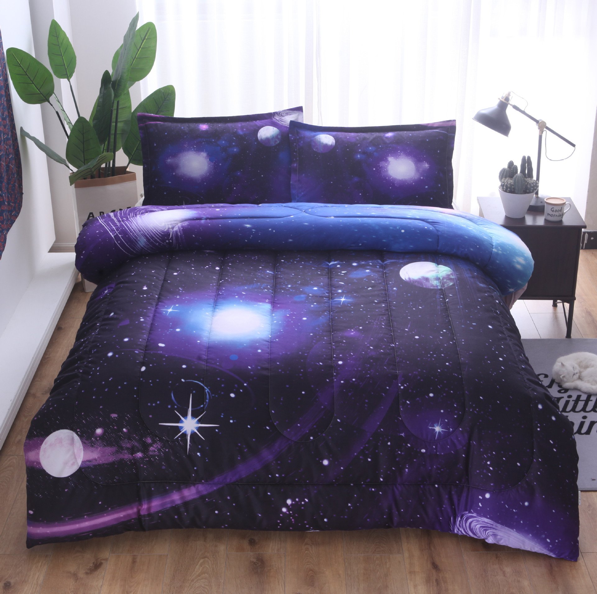 WowelifeGalaxy Comforter Set Full 5 Pieces Galaxy Bedding Set Blue 3D Galaxy Kids Bedding Set Bed in a Bag for Boys and Girls with Comforter, Flat Sheet, Fitted Sheet and 2 Pillowcases