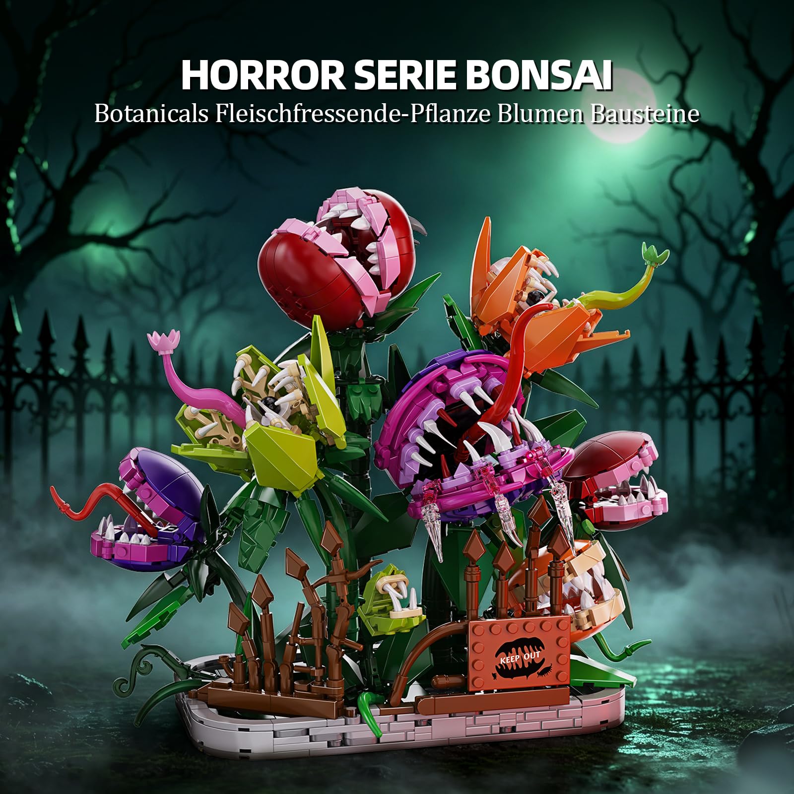 Horror Bonsai Fleischfressende-Pflanze Blumen Bausteine, 1266 Teile Botanicals Garten Deko Modell, Creative Halloween Ferien Geschenk für Pflanzenliebhaber Erwachsen Sammler