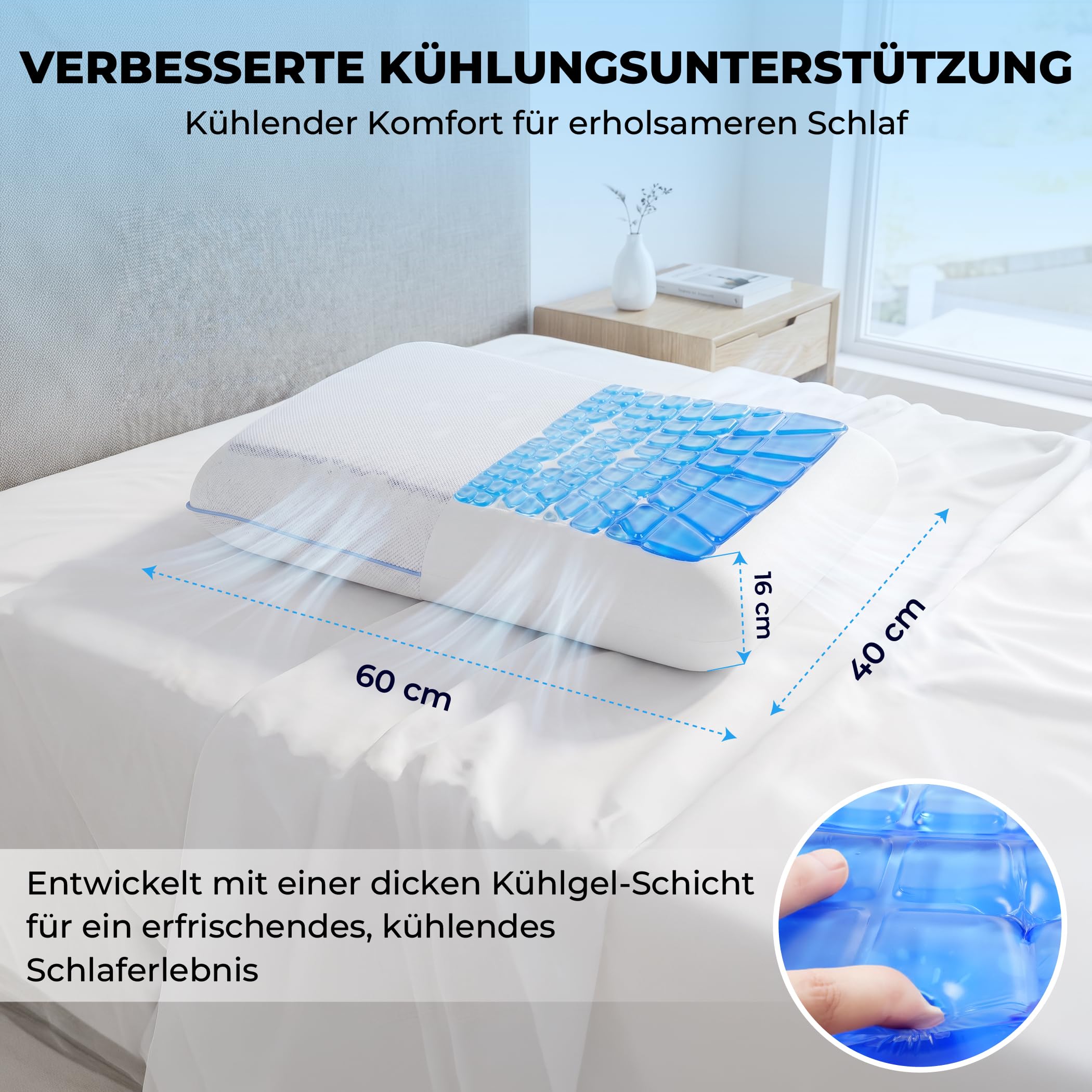 Sleep Comfy Gel-X Almohada 60 x 40 x 16 cm, almohada de espuma viscoelástica con gel refrescante, almohada ergonómica para el cuello, almohada transpirable con funda de jersey lavable, para dormir de
