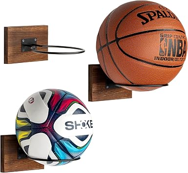 PUERSI Ball Holder Wall Mount Ball Storage Display Wood & Metal for Basketball Football Soccer Volleyball, Rustic Brown