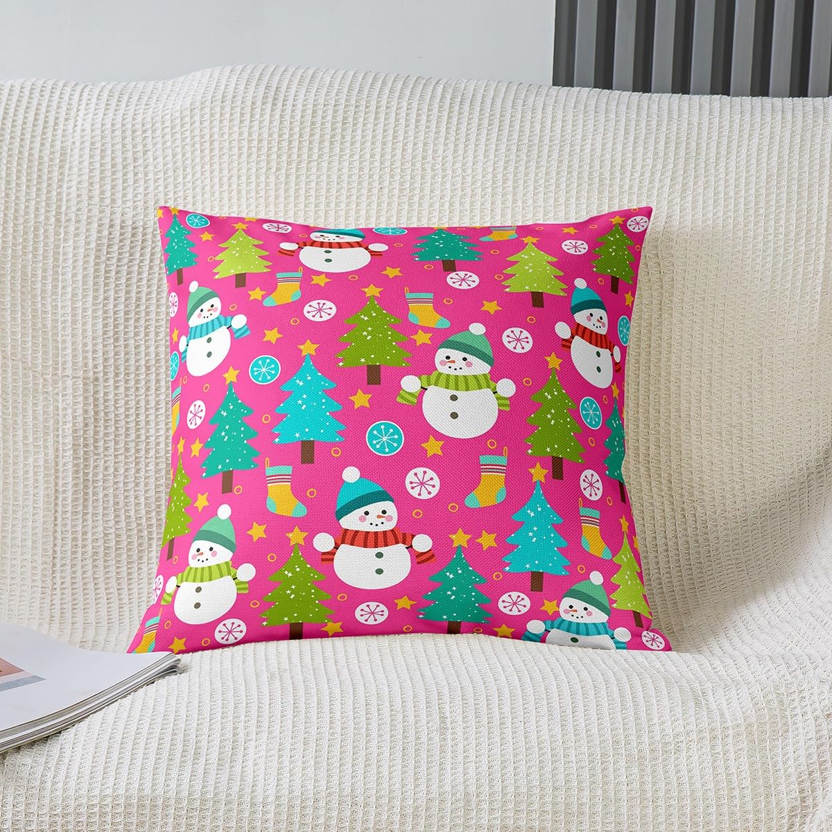 Homemissing Juego de 4 fundas de almohada navideñas de 50 x 50 cm, diseño de muñeco de nieve, para sofá, cama, silla, coche, copo de nieve, árbol, funda de cojín suave para invierno y exteriores