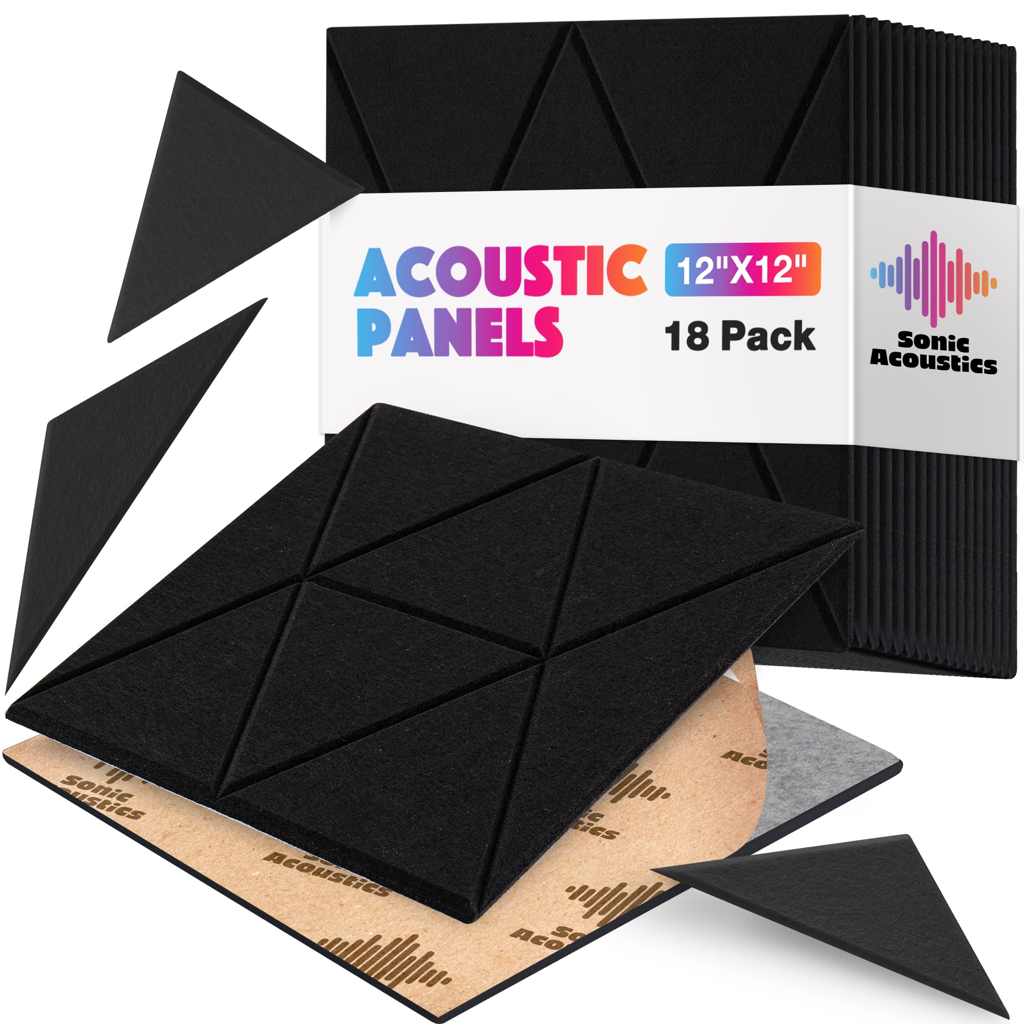 18 Pack Self-Adhesive Acoustic Panels, 12"x 12"x 0.4" Sound Absorbing Panels, High Density Square Sound Proof Noise Dampening Panels for Walls Home Studio Office, Trapezium Cutting Style, Black