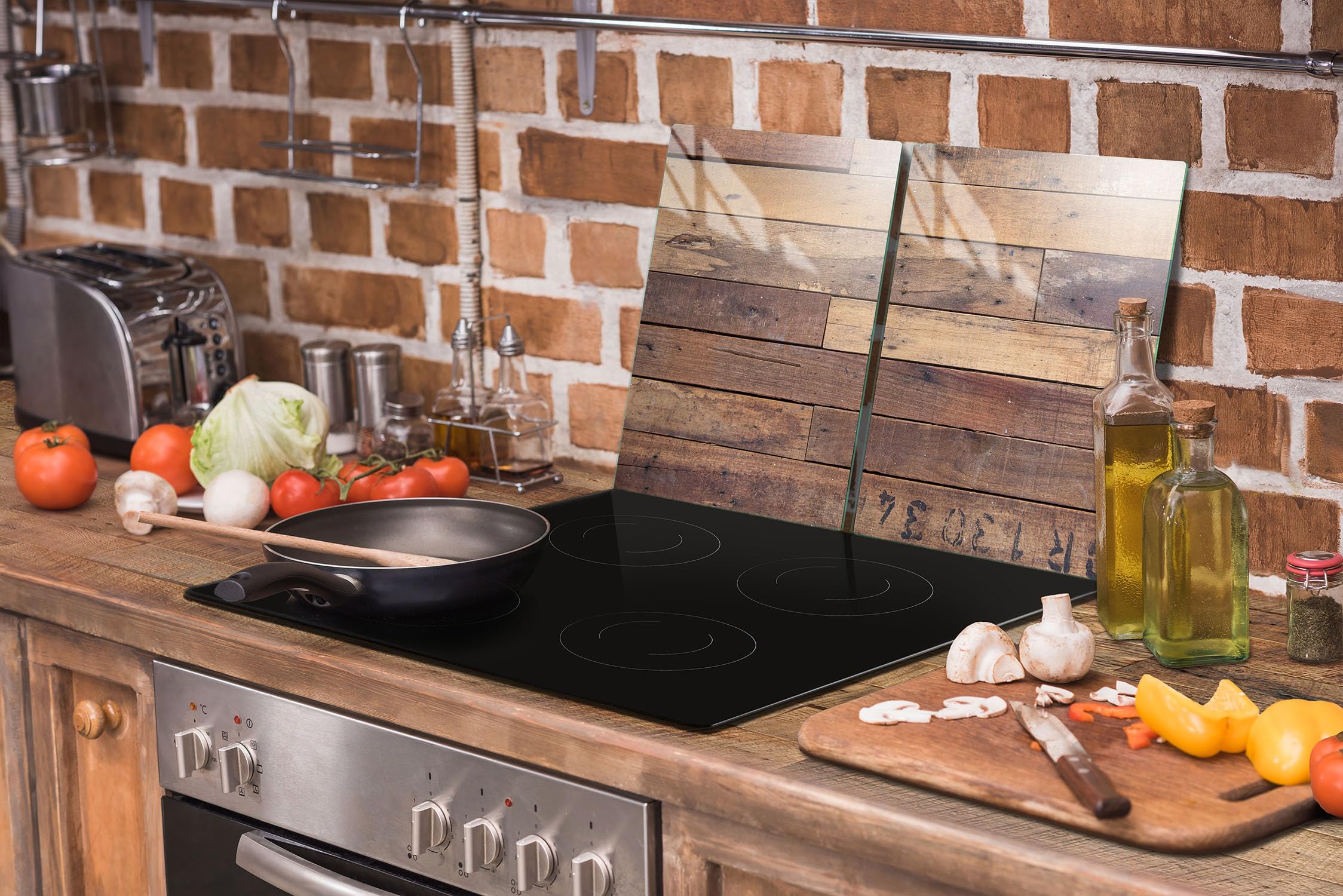 TMK ArtDeko Herdabdeckplatten Set 70 x 52 cm Ceranfeld Abdeckung Glas Spritzschutz Abdeckplatte Glasplatte Herd Ceranfeldabdeckung Deko Schneidebrett, Holz