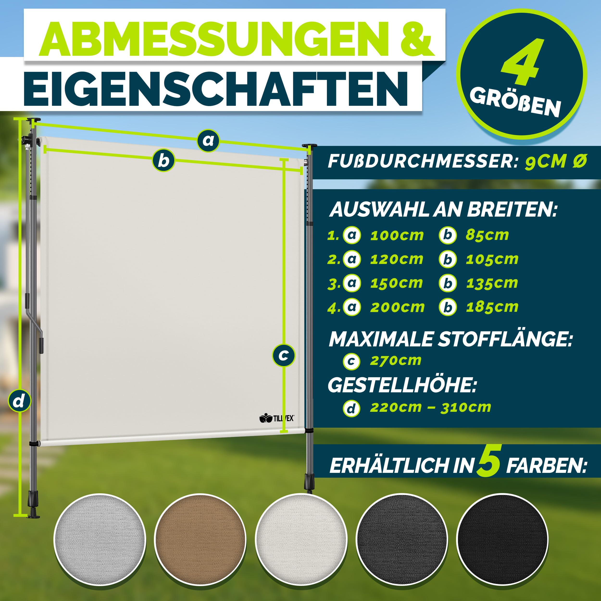 tillvex® Klemmmarkise Senkrechtmarkise mit Handkurbel ohne Bohren | Sichtschutz Ausziehbar & Blickdicht | Vertikalmarkise Balkon Terrasse Garten | Sichtschutzrollo Wetterfest (Beige, 100x310 cm)