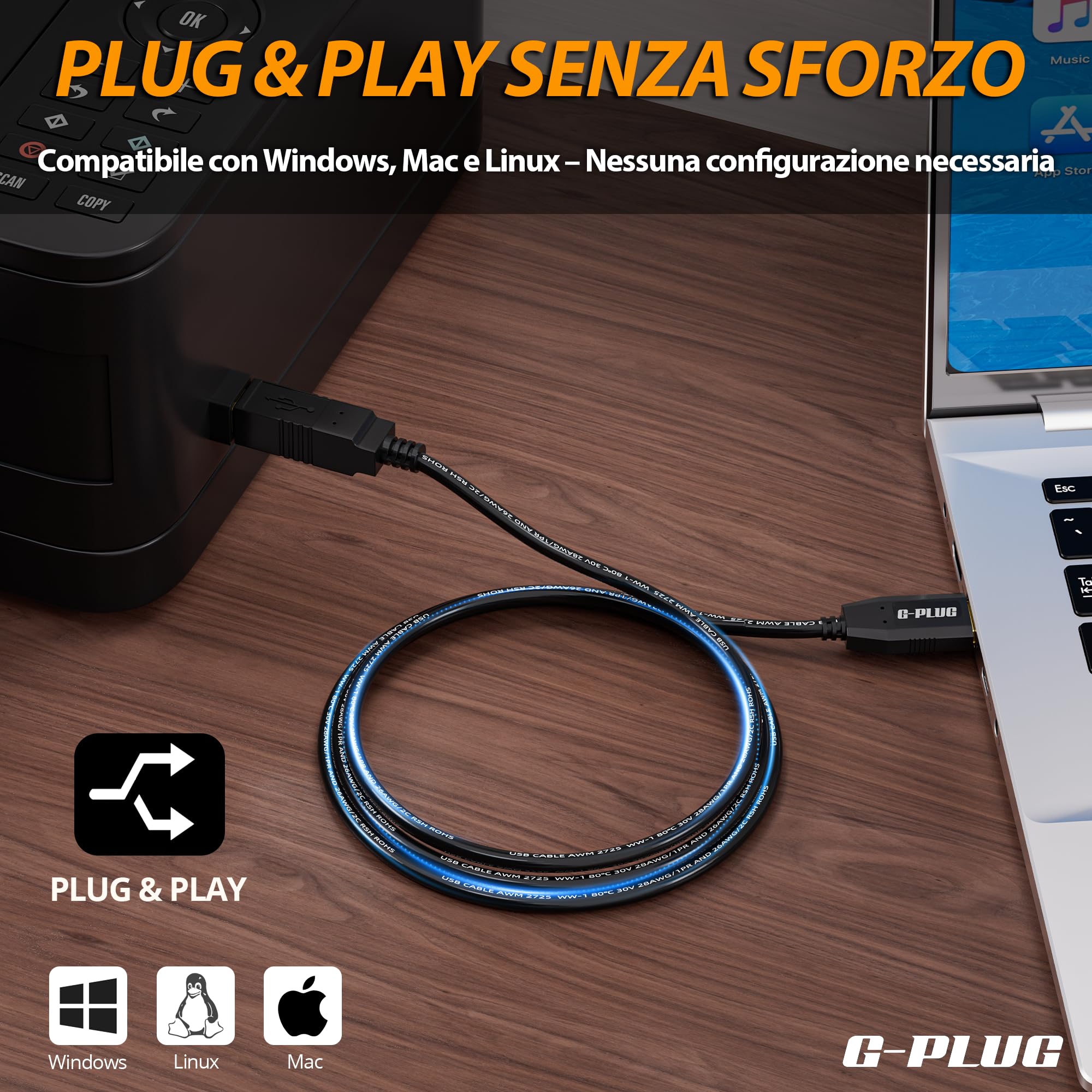 Cavo Stampante USB 2.0 G-PLUG 2m Nero Alta Velocità