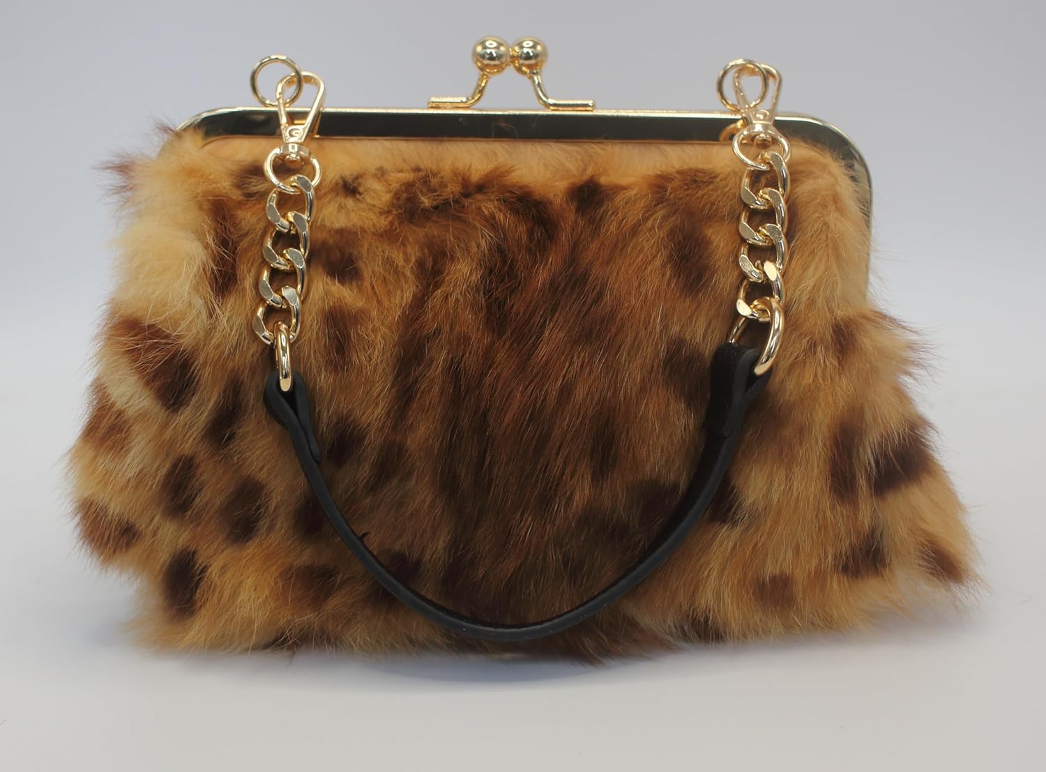 Fosrion Elegant Leopard Print Rex Rabbit Fur Handbag with Interchangeable Straps for Women, Versatile Clutch and Shoulder Bag - Image 4