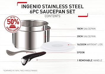 Tefal Ingenio Saucepan Set, Stainless Steel, 6-Piece