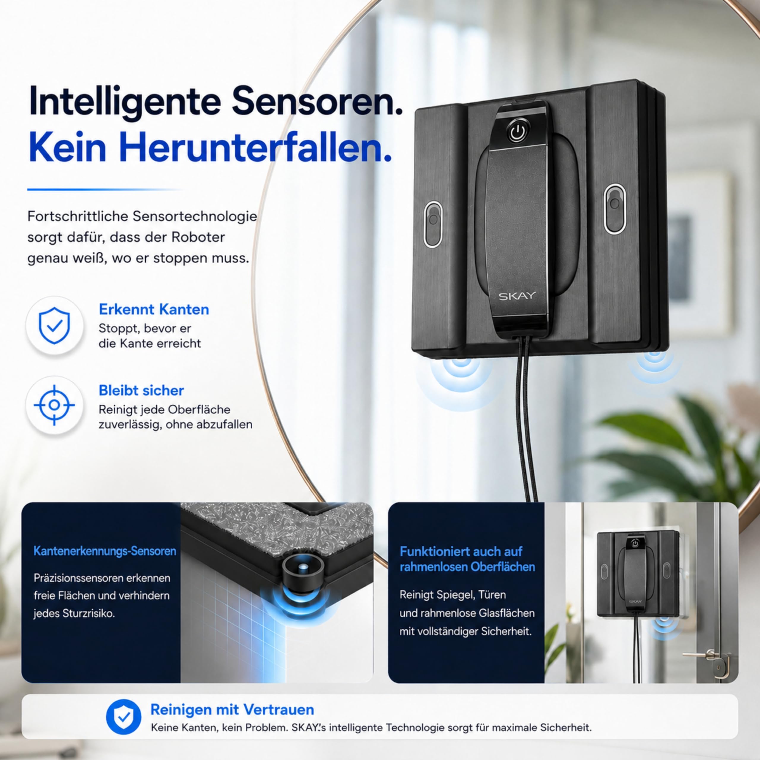 SKAY M82-KI Fensterputzroboter, KI-Navigation, Automatischer Fensterreiniger mit 6-Düsen Sprühsystem & Doppeltank 100ml, App & Fernsteuerung, 4 Reinigungsmodi, <60dB Leise, für Fenster Spiegel Fliesen
