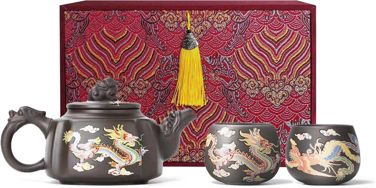 Hand-made Dragon and Phoenix Color-changing Purple Clay Magic Teapot -18oz Large Zisha Tea Pot Chinese Gong Fu Tea Set Tea Lover‘s Gift (Teapot+2Cups)