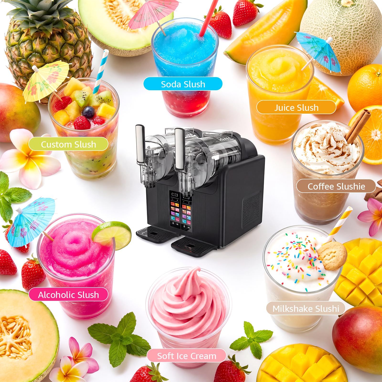 Macchina per Granita Slushie Machine 2 x 2L, Granitore per Granite Professionale Macchina per Granite da Casa Sorbettiera Macchina per Bevande Ghiacciate con 7 Programmi, per Gelato, Frappè, Milkshake