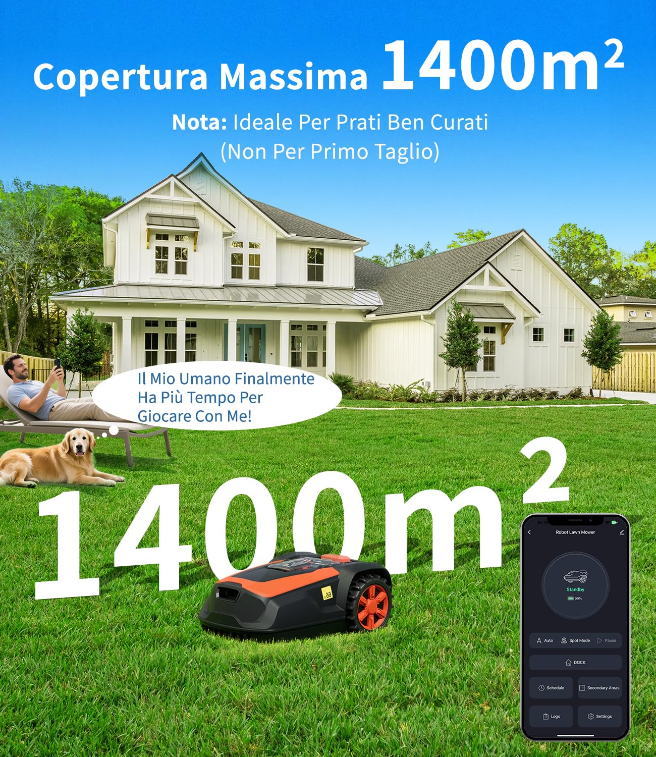 M1 Robot Tagliaerba con Filo Perimetrale fino a 1400 m², Rasaerba Robot Automatico, Altezza di Taglio 25–65 mm, Pendenza fino al 47%, Larghezza di Taglio 22 cm, Controllo App e Bluetooth