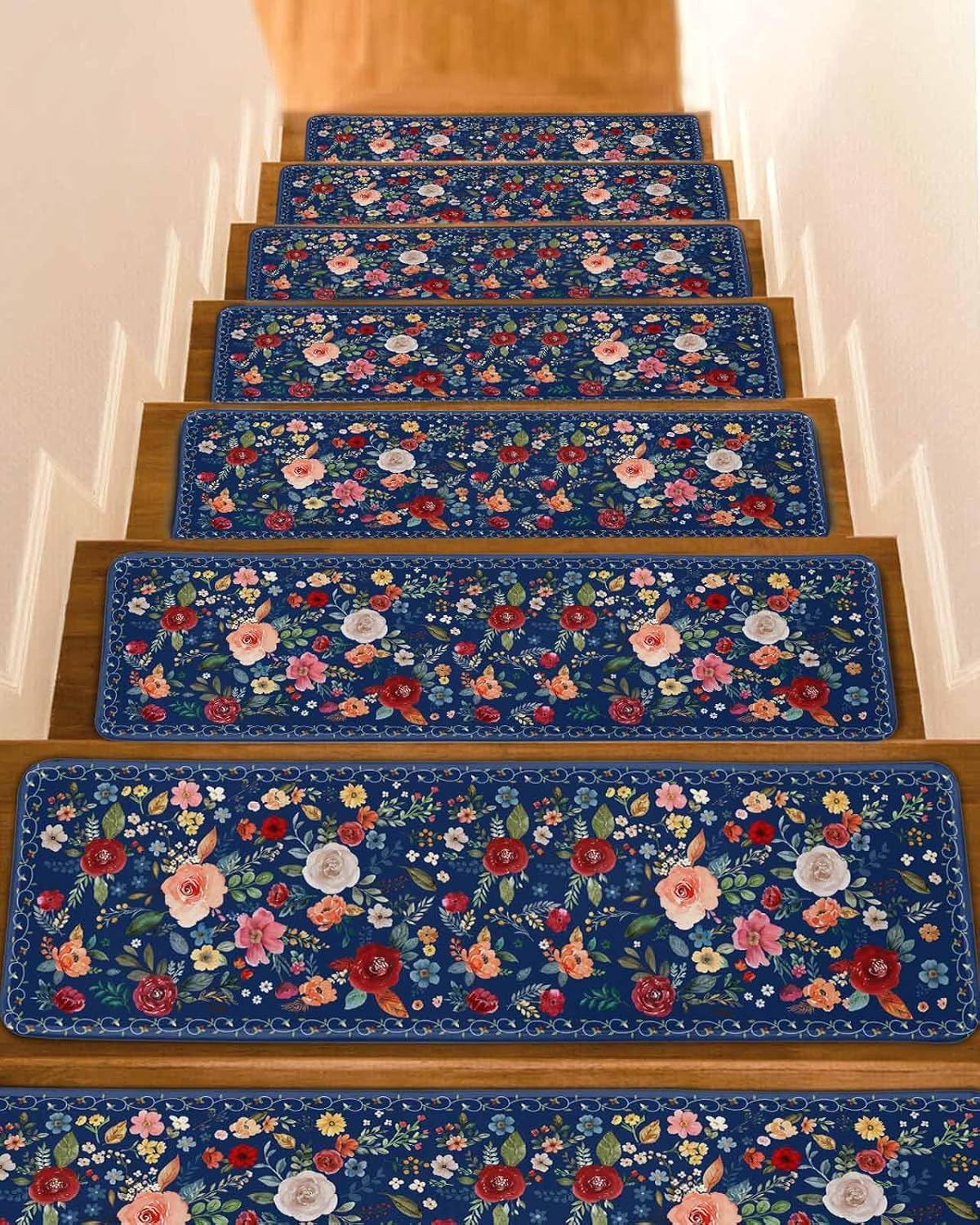 Floral Navy Blue Stair Treads for Wooden Steps Indoor, 4 Pack Non Slip Carpet Stair Treads for Kids Elders and Dogs with Reusable Adhesive, 8x30 inch Step Mats Spring Summer Farmhouse Flowers Leaves