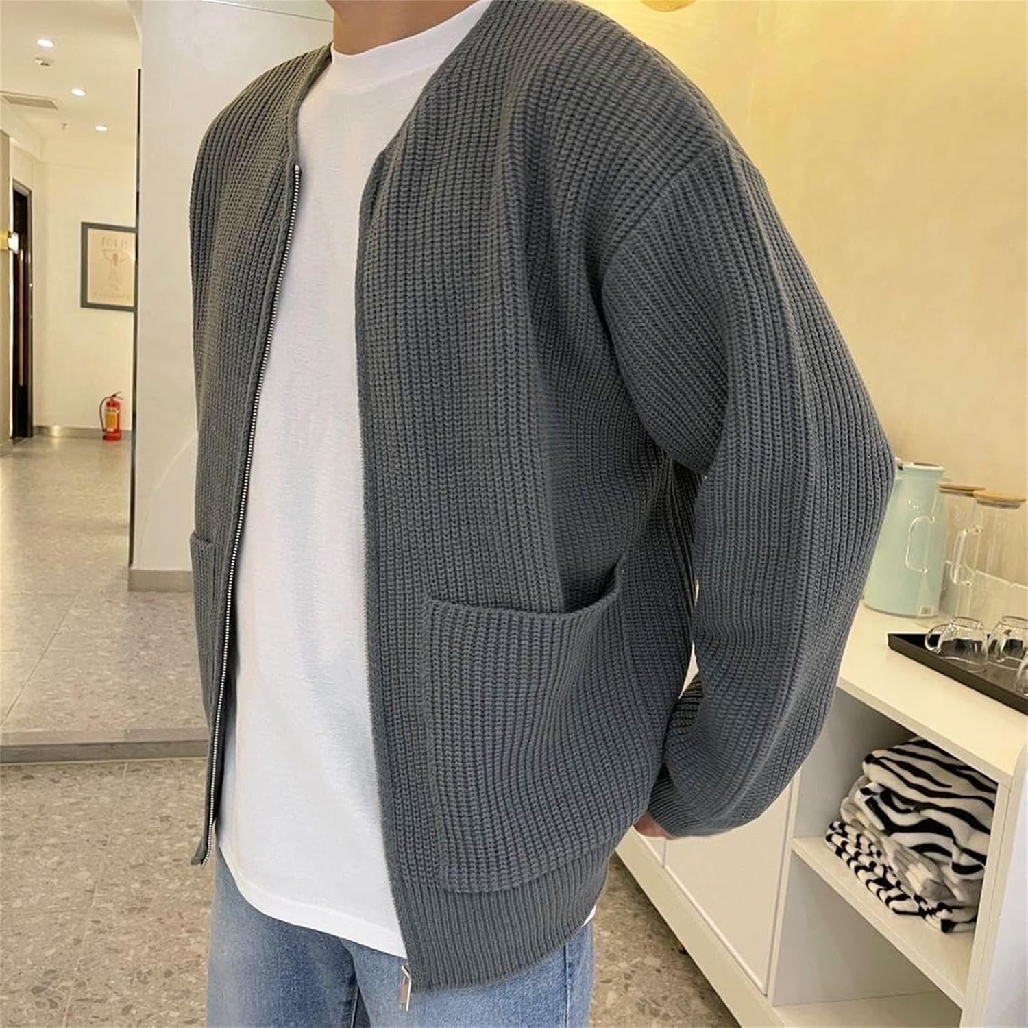 Mens Cardigan Sweater Casual Long Sleeve Knit Sweaters, Men's Knit Crew Neck Full Zip Sweater, Long Sleeve Pocket Sweaters