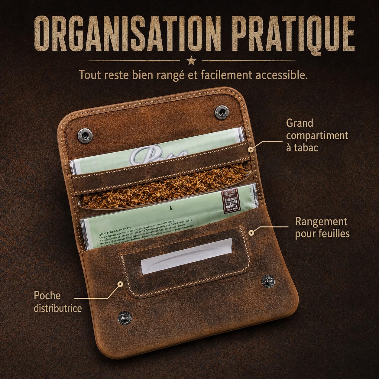 GASOLINE BANDIT Blague à Tabac en Cuir Véritable | Pochette Tabac Vintage en Cuir Bovin Ciré, Étui à Tabac Souple avec Distributeur de Papier, Look Usé, 9 x 15 cm