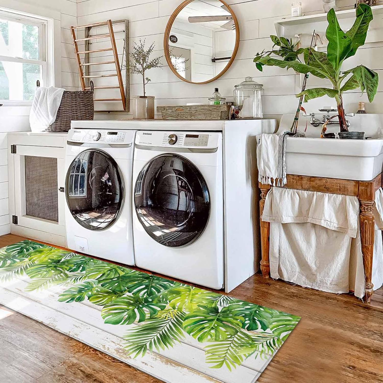 Kitchen Mats for Floor Summer Green Palm Leaf Washable Non Slip Kitchen Rugs 2PCS, Tropical Leaves Farmhouse Wood Board Absorbent Standing Mats for Sink Office Living Room 15.7x23.6in+15.7x47.2in