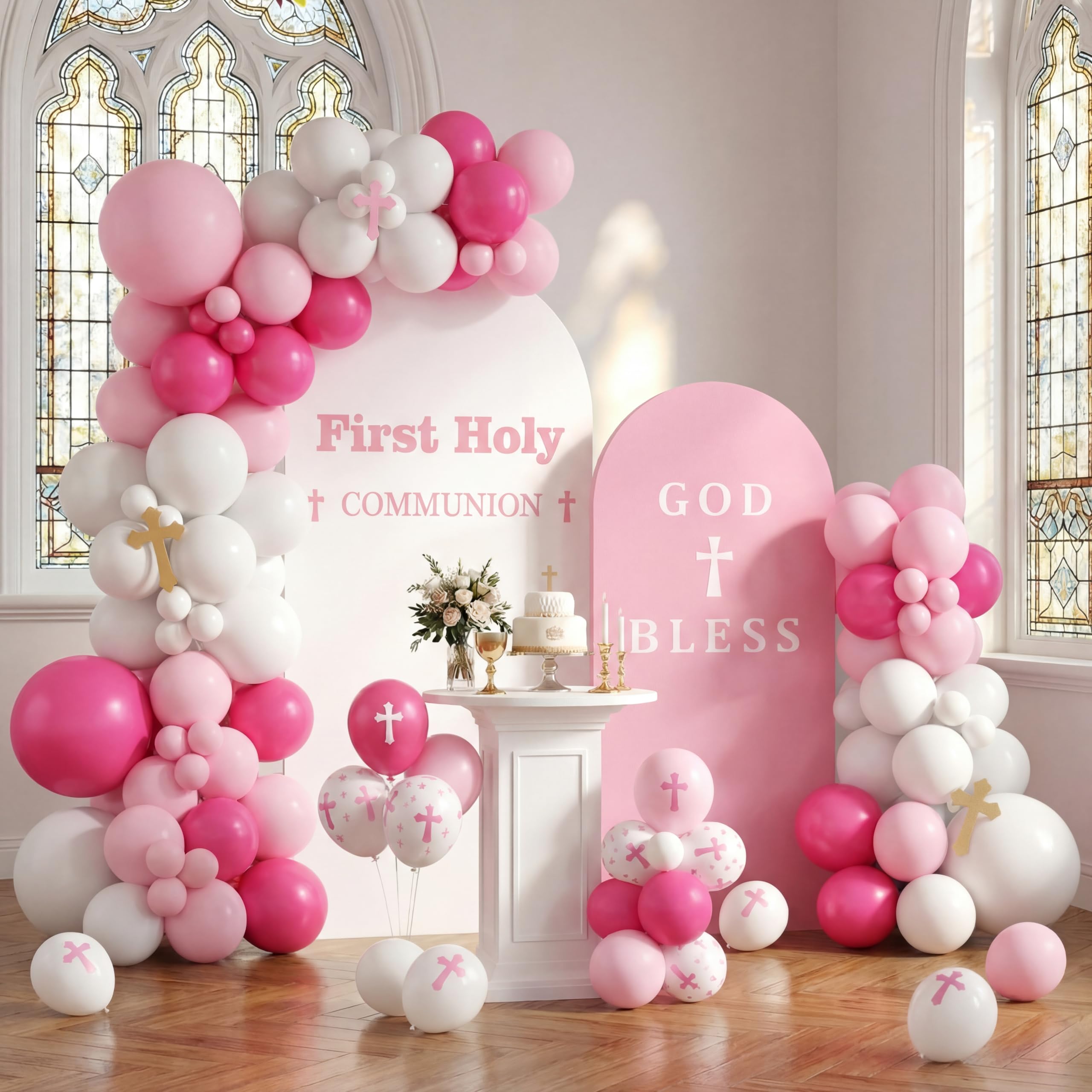 Photo 1 of [Just the covers] Tegeme Set of 2 First Communion Decorations Baptism Arch Covers 6.6ft, 7.2ft God Bless Arch Backdrop Cover Spandex Stretchy Christening Baptism Baby Shower Decor Holy Communion Party Supplies(Pink)