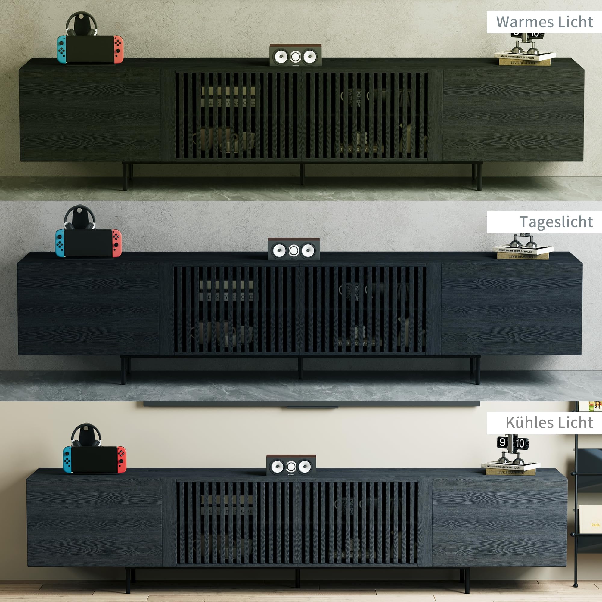 KAANAA TV Schrank 240 cm, Lowboard mit Lamellentüren, Schwarz | 240 cm TV Lowboard, Lamellentüren, großer Stauraum, Holzoptik, für Fernseher bis 75 Zoll, modernes Wohnzimmer Design