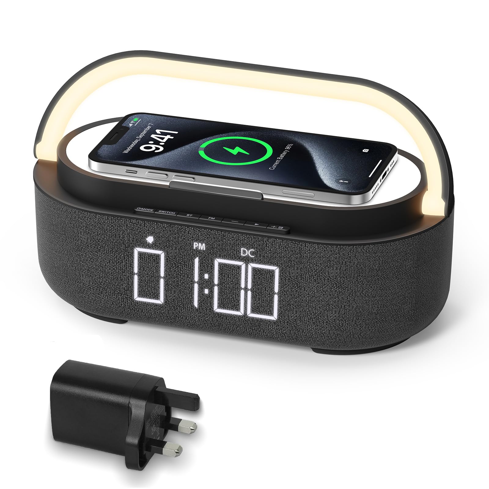 COLSUR Radiobudzik cyfrowy z bezprzewodową ładowarką, głośnik Bluetooth z ładowarką USB, inteligentny budzik, funkcja drzemki, indukcyjna stacja ładująca, lampka nocna, ściemniany wyświetlacz LED i