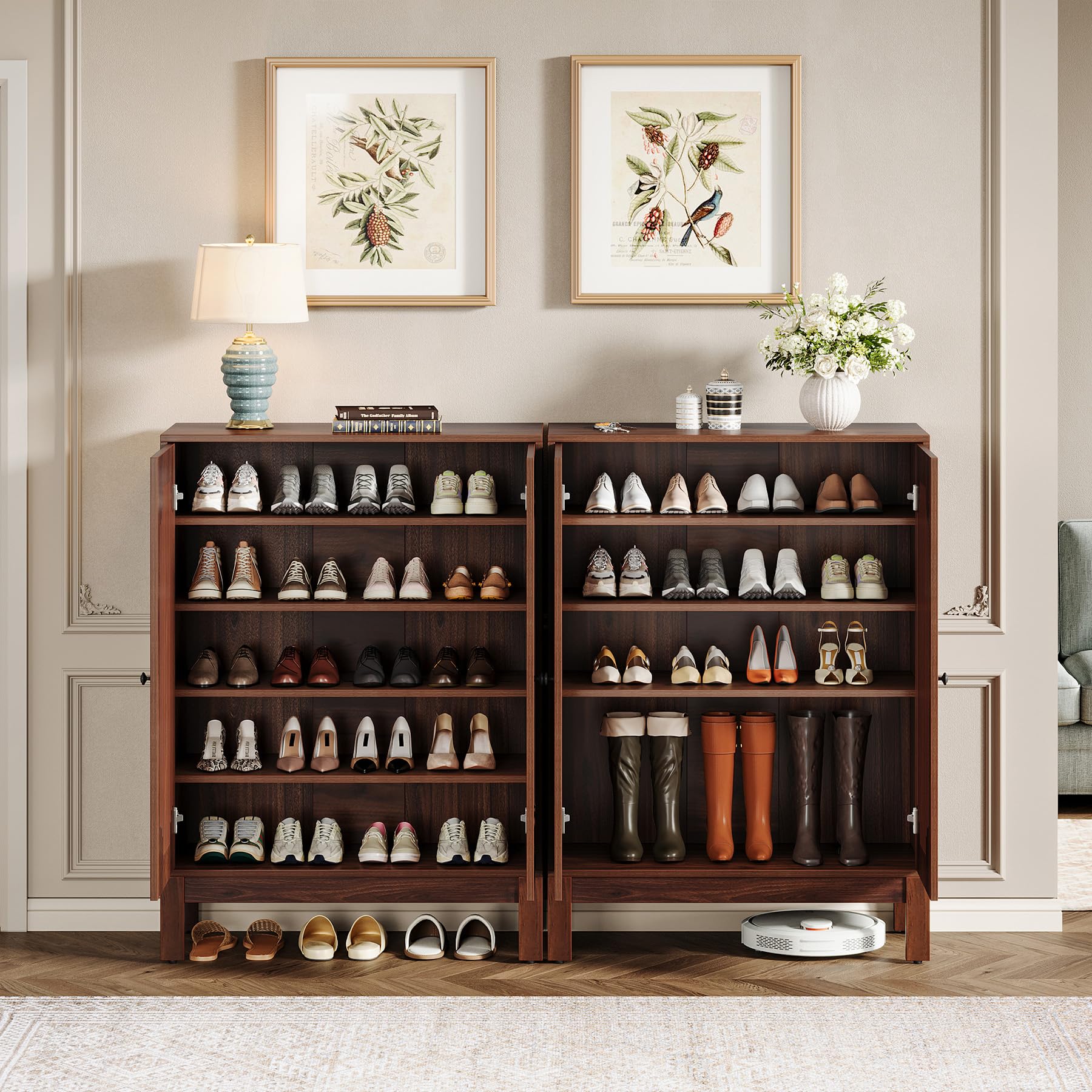 Tribesigns Meuble à Chaussures à 5 Niveaux avec persiennes Portes, 20 Paires Armoire à Chaussures avec étagères réglables, Organiseur de Chaussures en Bois pour entrée, Salon, Couloir, Noyer (Marron)