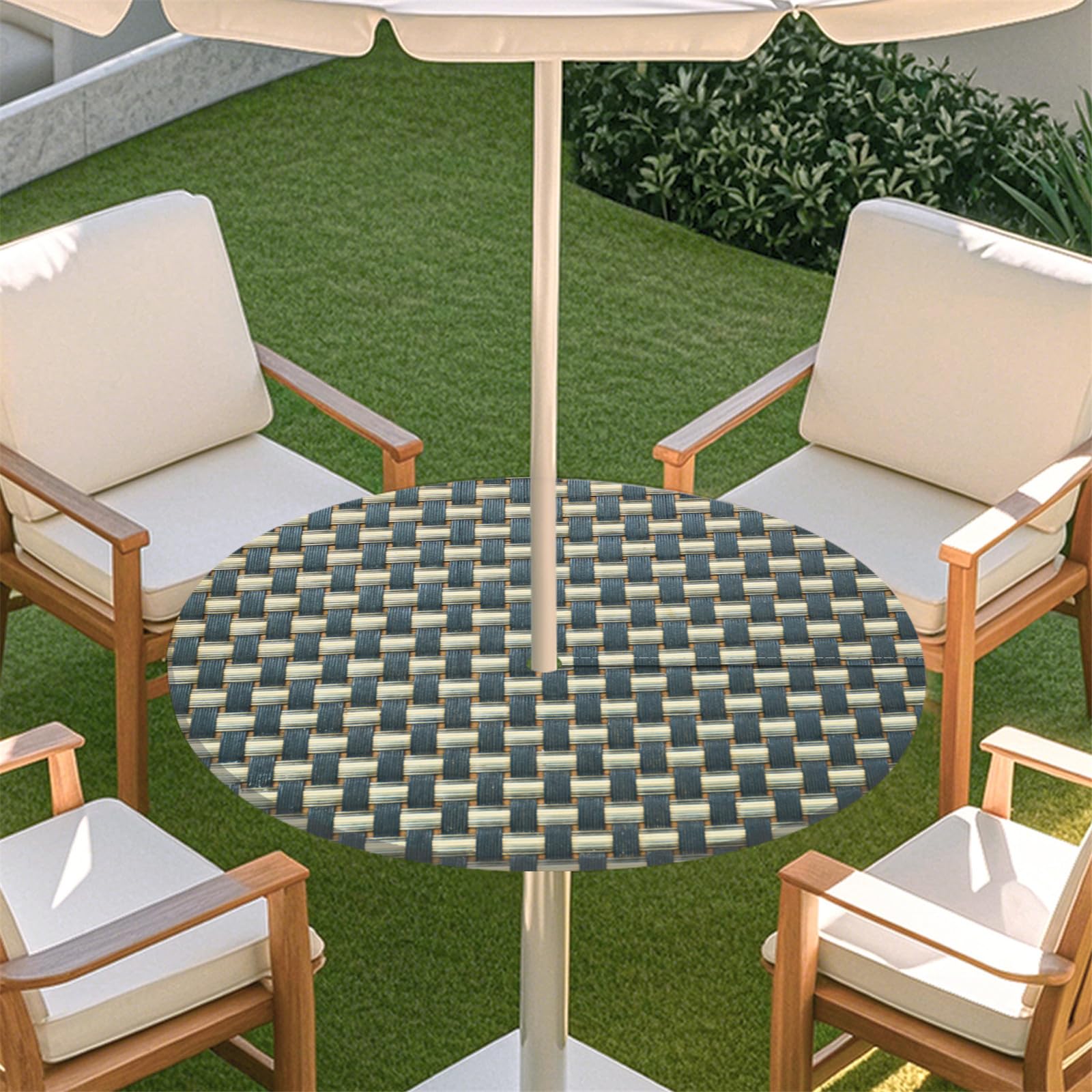 Odot Elastic Edge Round Fitted Tablecloth Protector Waterproof Outdoor Round Tablecloth with Parasol Hole and Zipper, Wipe Clean Table Cover for Garden BBQ Party, Woven (Blue,S:79-89cm)