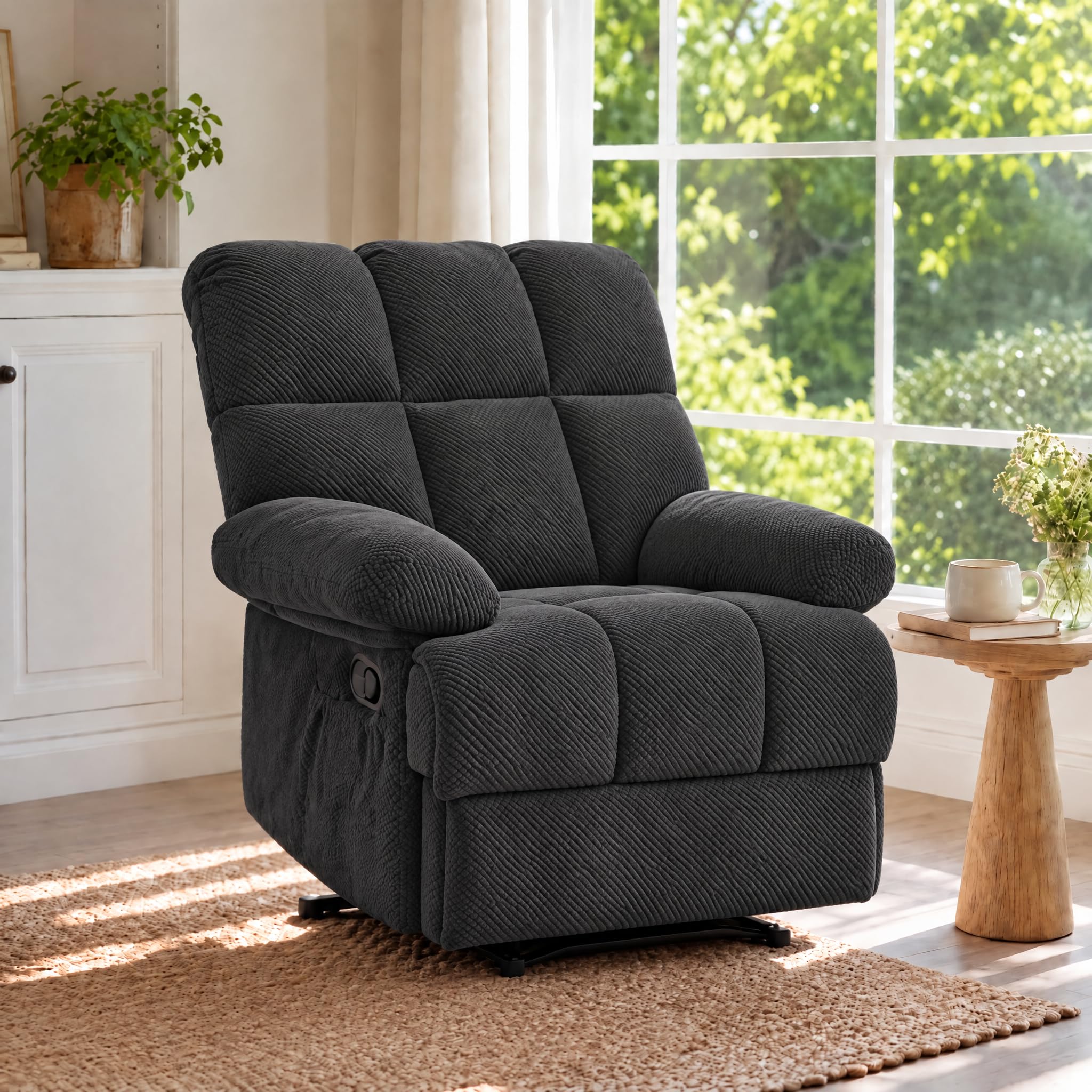 Queen Manual Rocker Recliner Chair with Adjustable Backrest, Black
