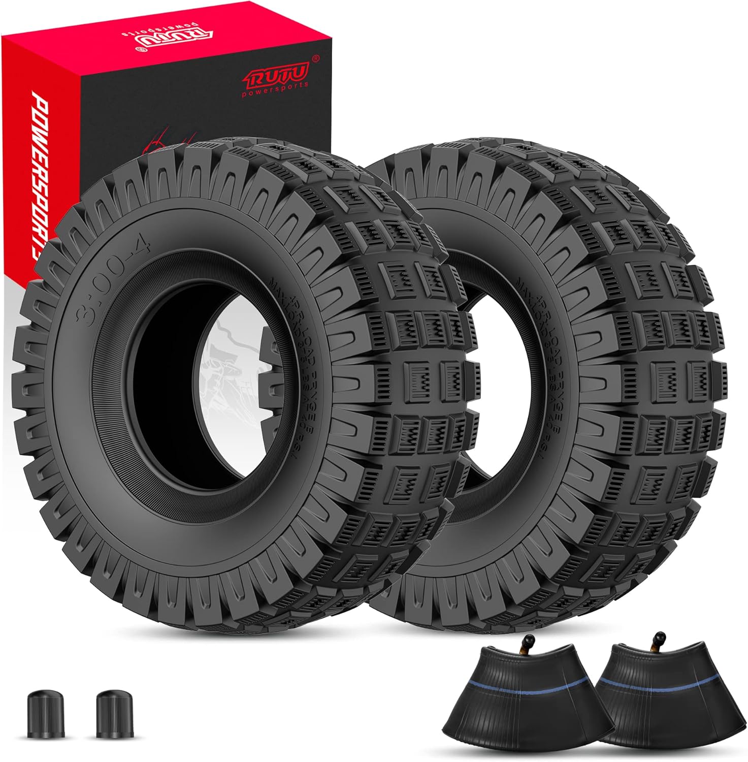 RUTU Knobby Tread 3.00-4 Tire & Inner Tube - For Offroad Go Kart, ATV, Scooter, Utility Dolly, Hand Truck Tires, 4 Wheeler Vehicle - Durable, 3.00-4 260x85 10x3" Size, Max Load 375lbs - 2 Set