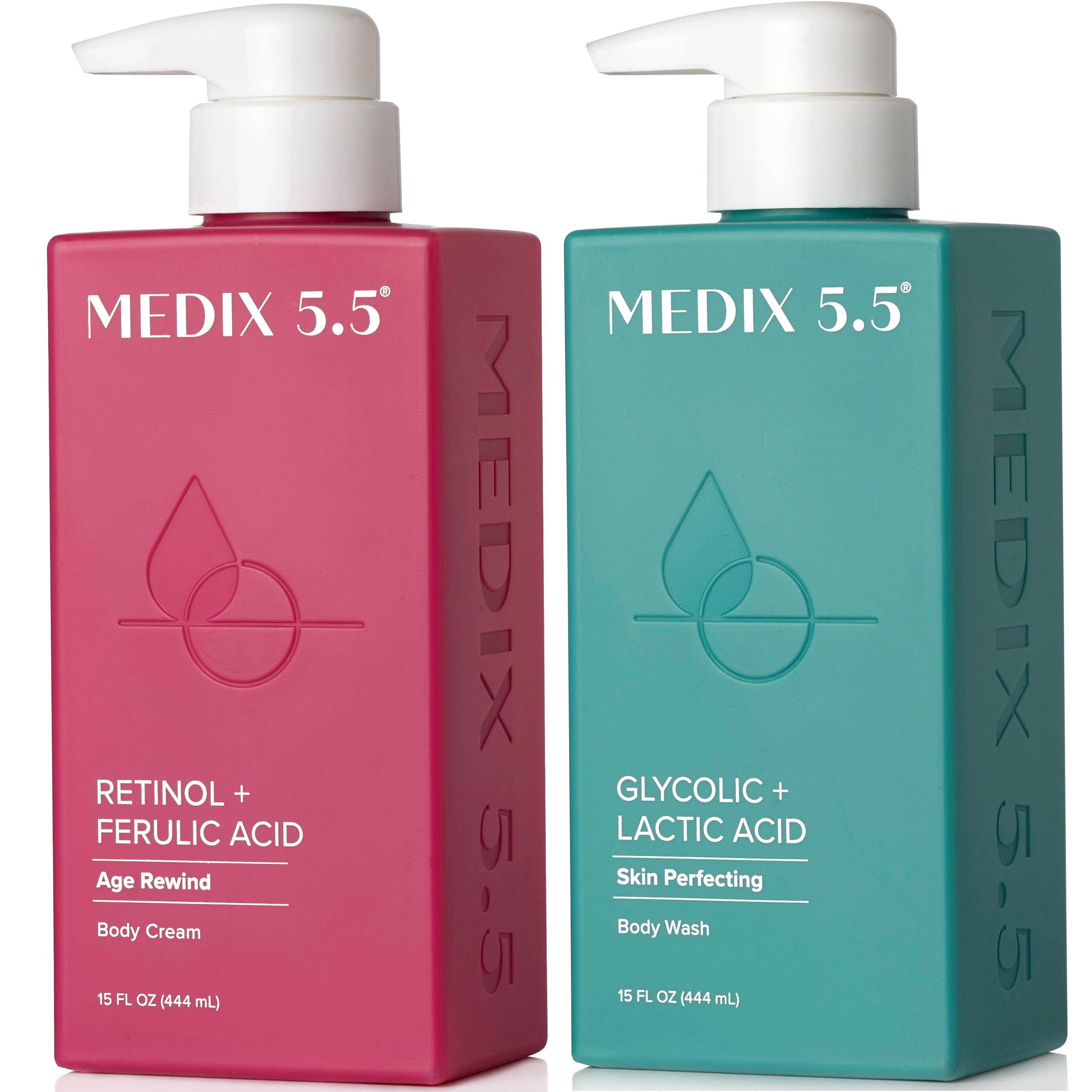 Medix 5.5Exfoliating AHA Glycolic Acid Face & Body Wash Cleanser + Retinol Moisturizing Body Cream Lotion Skin Care 2PC Set | Alpha Hydroxy Acid & Lactic Acid Foaming Face Wash, 2-PC