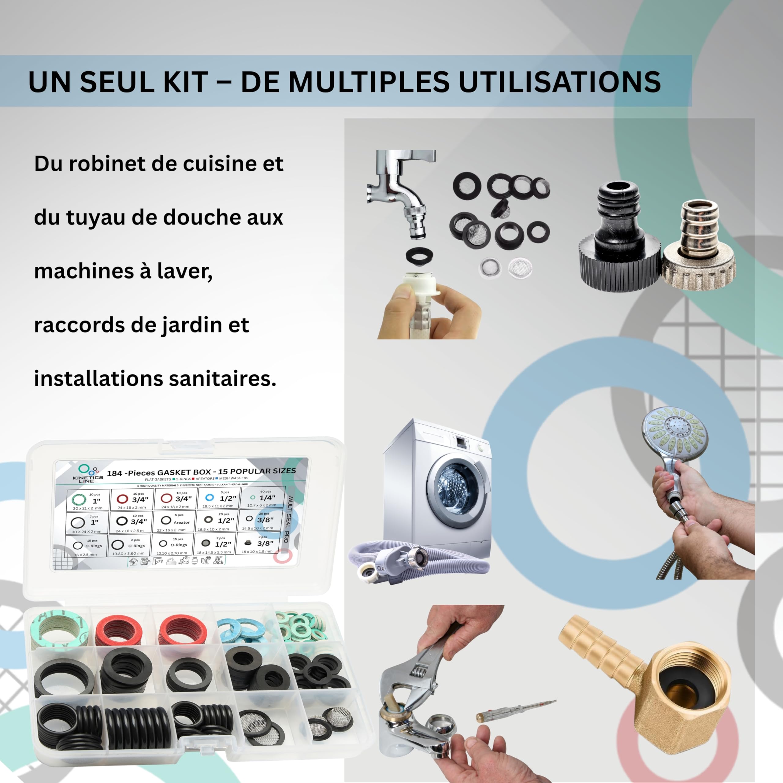 MultiSeal Box – Kit de Joints 184 Pièces avec 15 Tailles Courantes pour la Maison, la Cuisine et la Salle de Bain