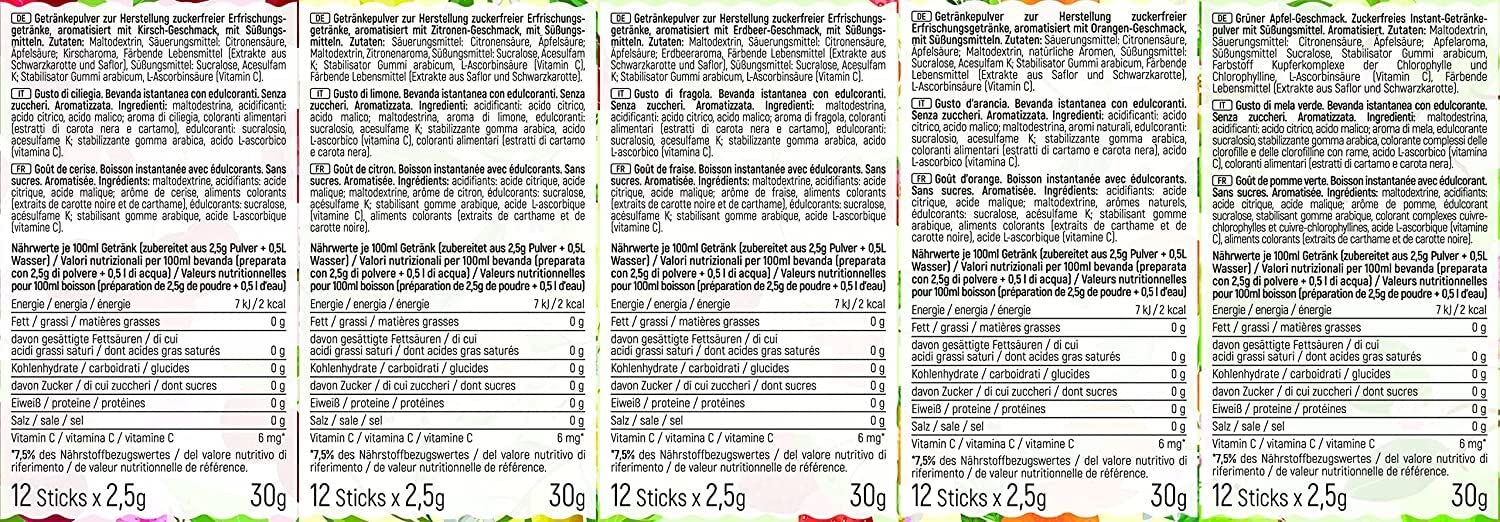 INSTICK Boisson instantanée sans sucre | Lot 2-5 paquets de 12 sachets chacun pour 12x0,5L | différentes sortes classiques | boisson en poudre - végétalienne, faible en calories, avec vitamine C