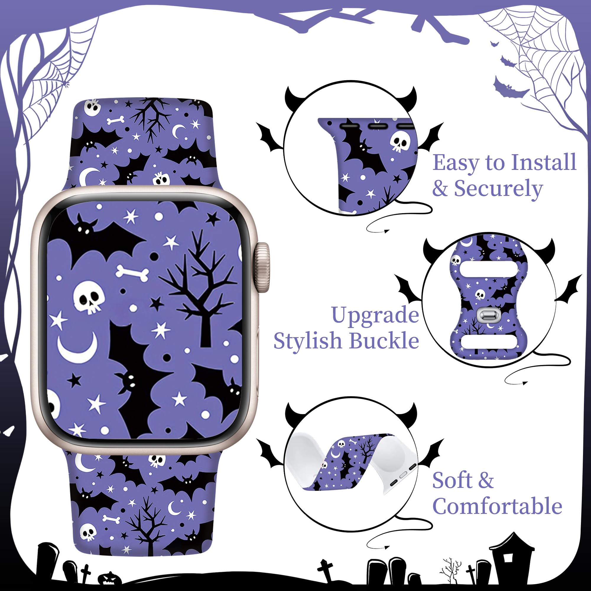 Halloween-Armband, kompatibel mit Apple Watch, 41 mm, 40 mm, 38 mm, Silikon, Kürbis-Violett, Fledermaus-Armband für Damen und Herren, niedliches, modisches und leichtes Armband mit iWatch Serie 9, 8,