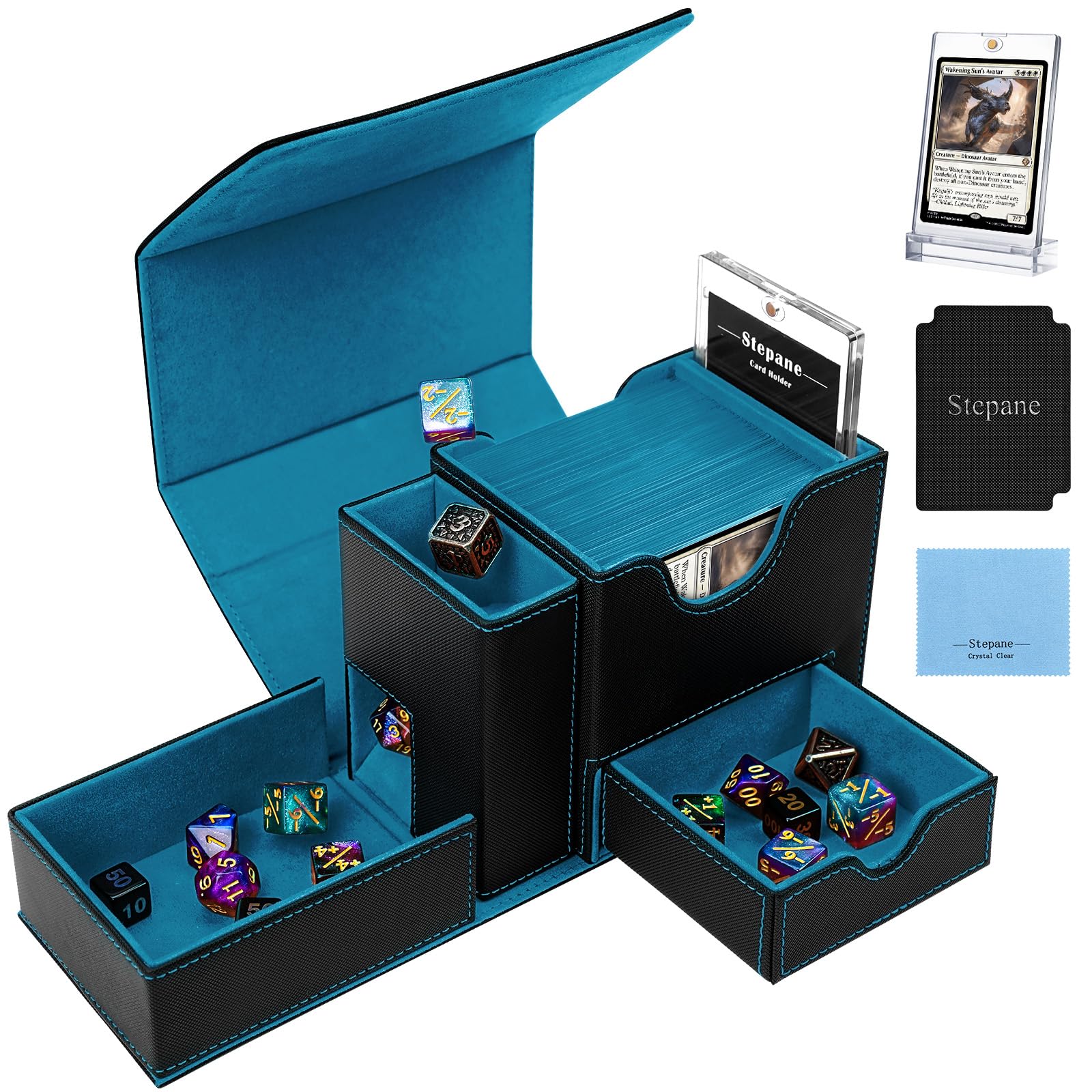 MTG - Caja de mazo, bandeja de dados y torre 2 en 1 MTG Commander para más de 120 tarjetas de una sola manga, caja de cubierta de cuero con cierre magnético para tarjetas y base para TCG, CCG,