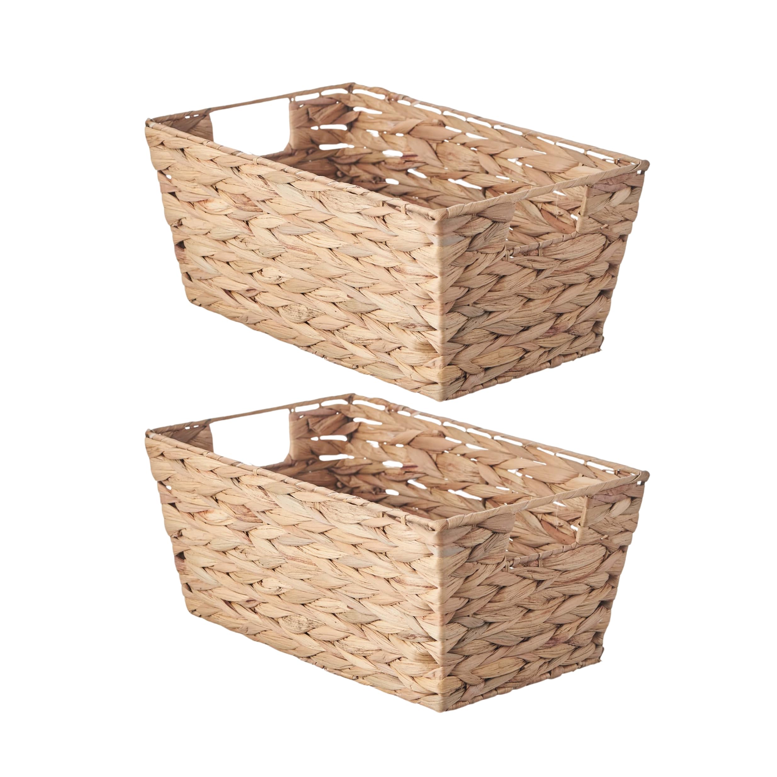 Eden & Willow Natural Water Hyacinth Woven Storage Basket With Handles | Wicker Shelf Baskets For Home Decor And Bathroom Organisation | Handmade Stackable Gift Hamper Basket (2, Medium)