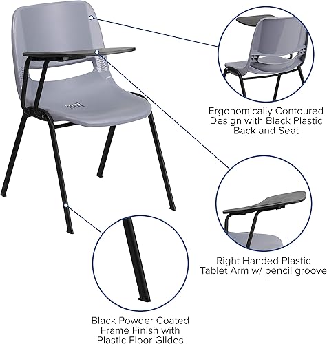 Miniatura 4 de EMMA + OLIVER Silla ergonómica gris con tableta abatible para zurdos - Escritorio con brazo para tableta