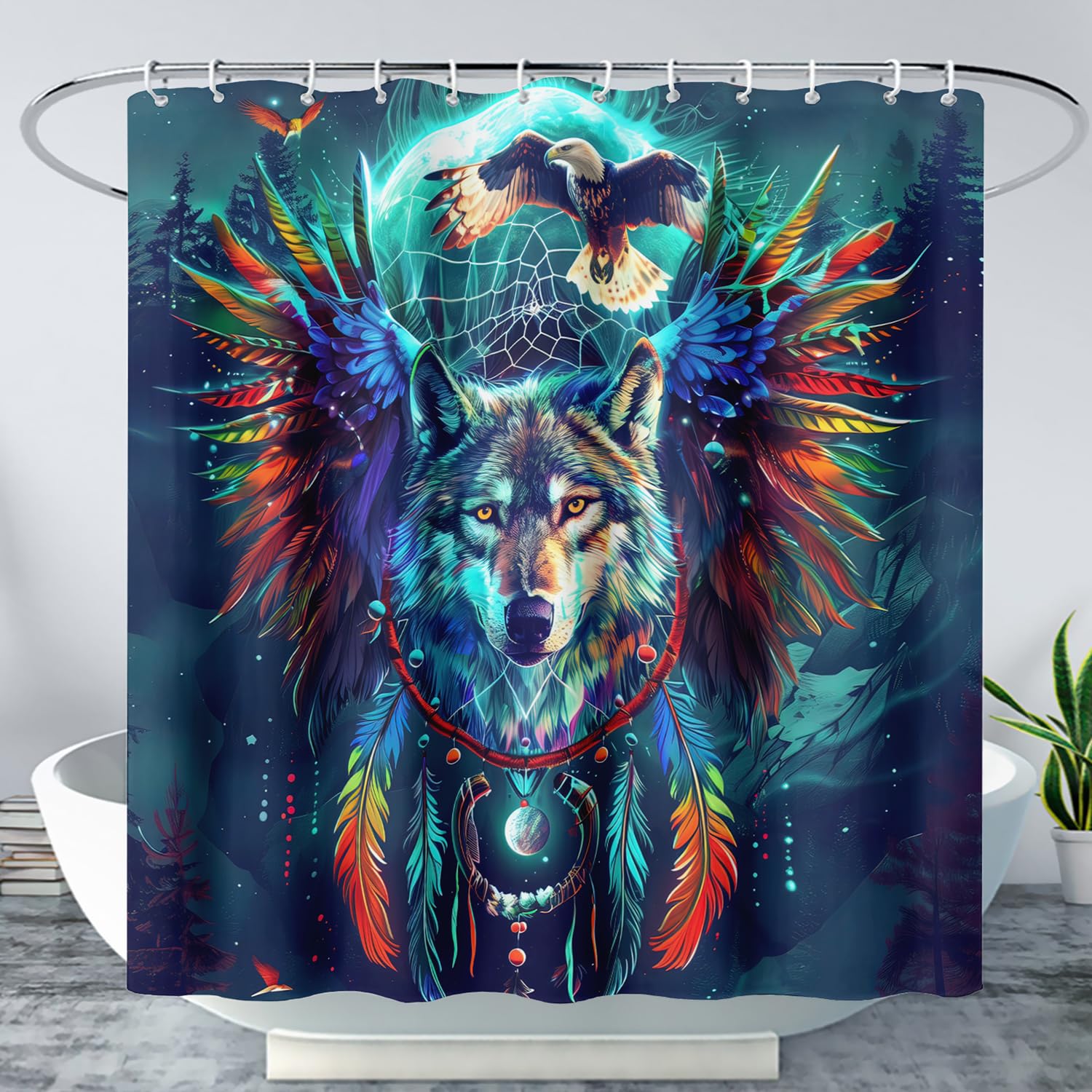 AILONEN Wild Wolf Shower Curtains Set,Dream Catcher Colored Wing Feather Bathroom Curtain Set for Kids Teens Adults,Boys Eagle Forest Wildlife Waterproof Shower Curtain with Hooks,48