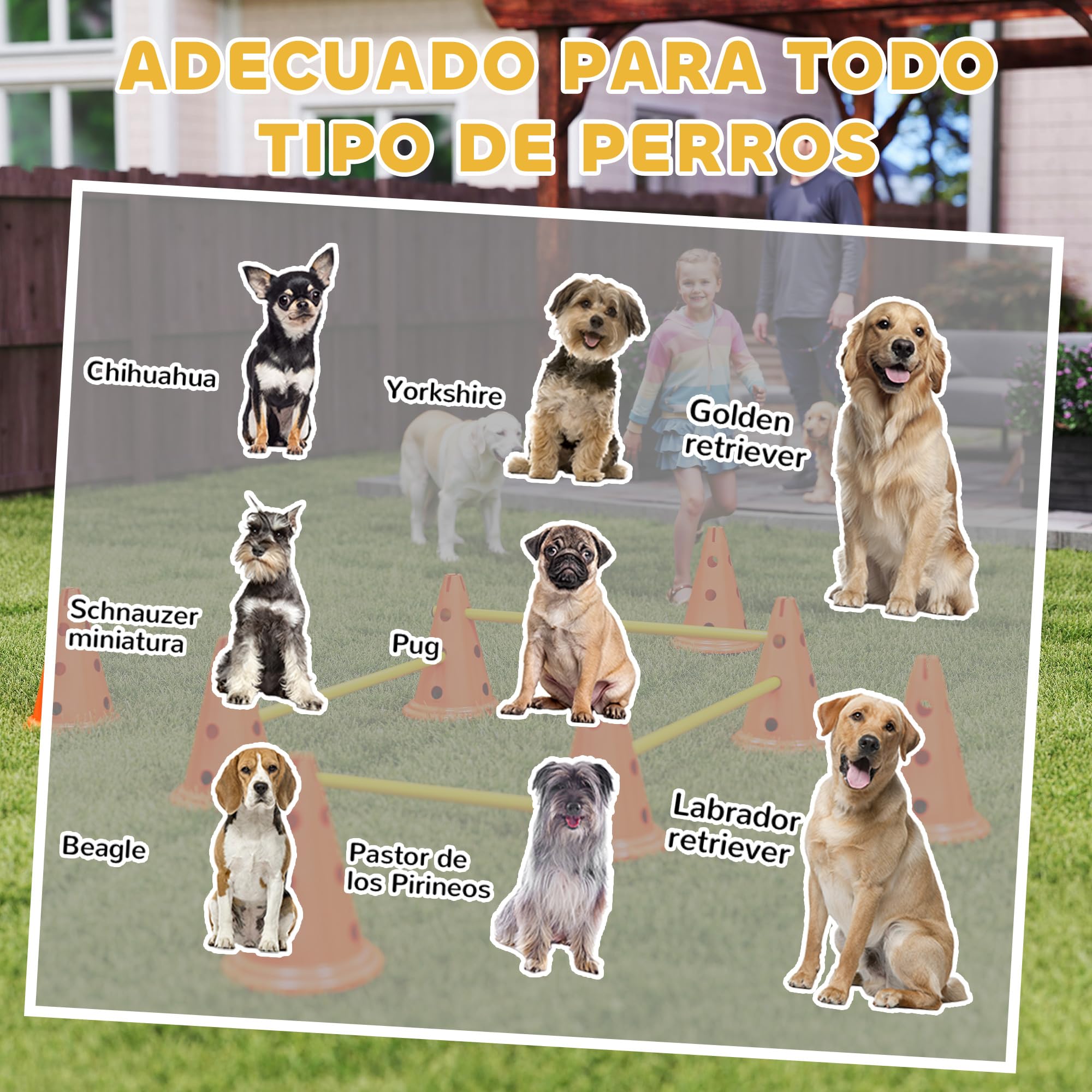 PawHut Juego de Agilidad para Perros, Vallas de Obstáculos de Entrenamiento de Coordinación, 8 Conos 30 cm de Altura, 4 Barras 80 cm de Longitud y Bolsa de Transporte, para Deporte de Fútbol y Perros