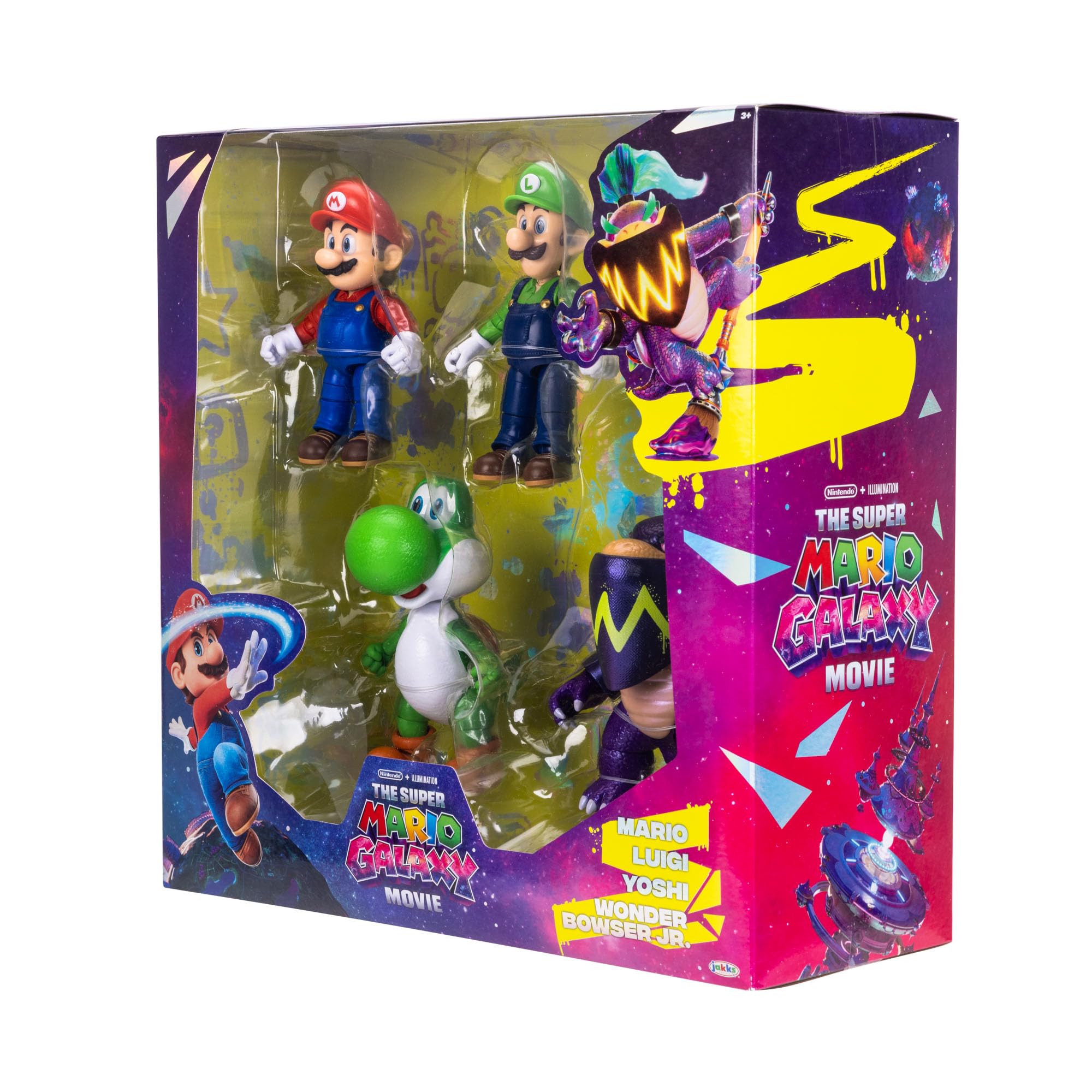 Zestaw figurek akcji Super Mario Galaxy Movie 12,7 cm, oficjalna licencja Jakks Pacific, zawiera figurki Mario, Luigiego, Yoshiego i ekskluzywne figurki Wonder Bowser Jr., przegubowa konstrukcja, 3+