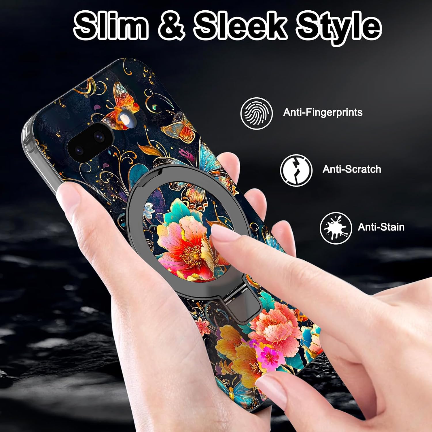 for Google Pixel 10a Case,[Compatible with MagSafe][Magnetic Invisible Ring Stand],Floral Shockproof Protective Slim Women Girl Case for Google Pixel 10A 6.3 inch,Black Flower