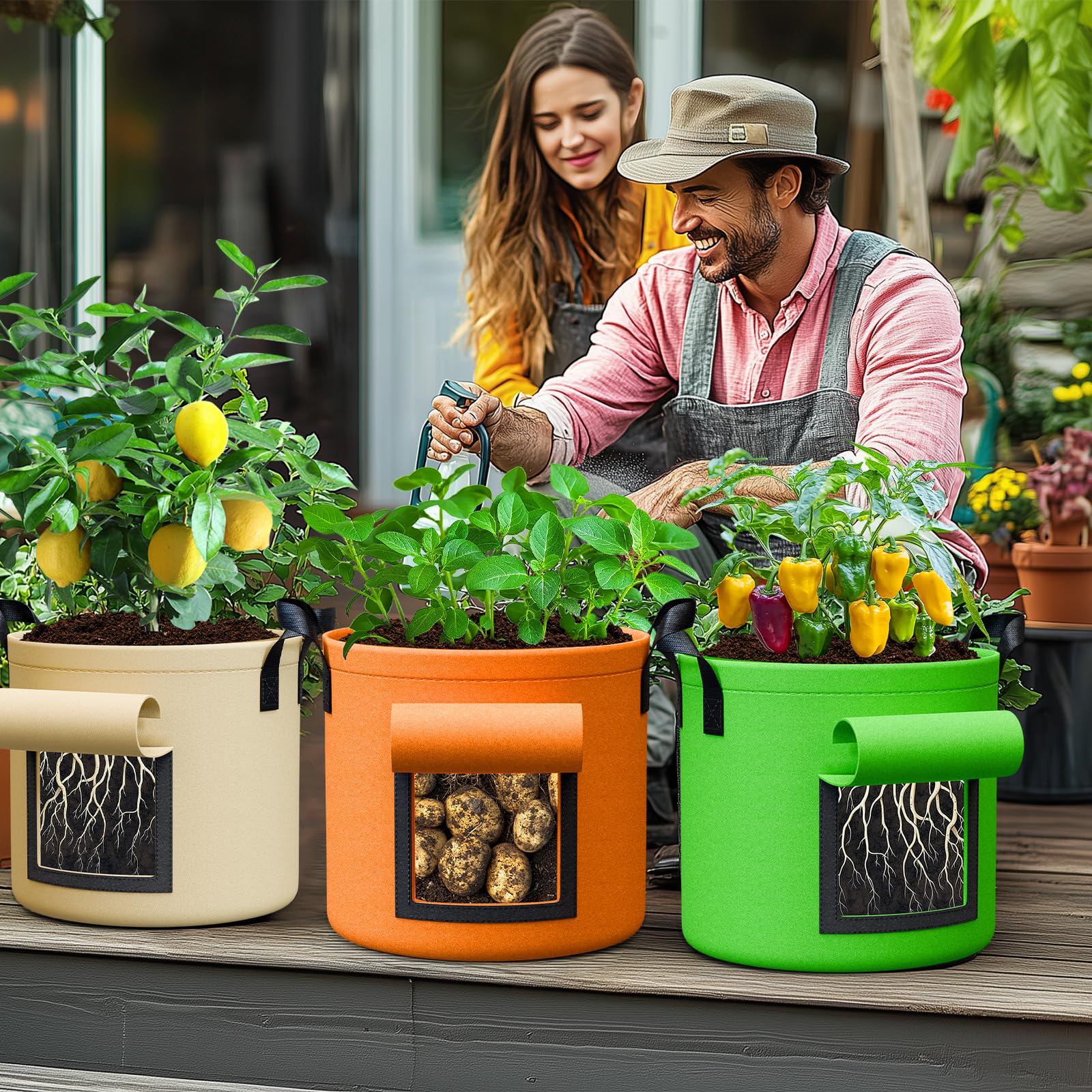 Pack 6 Sacos De Cultivo para Patatas 7 Galones, Bolsas De Plantación De Tela No Tejida 350g con Ventana De Cosecha Y Asas Reforzadas, Sacos Transpirables para Huerto 6 Color 10 Gallon