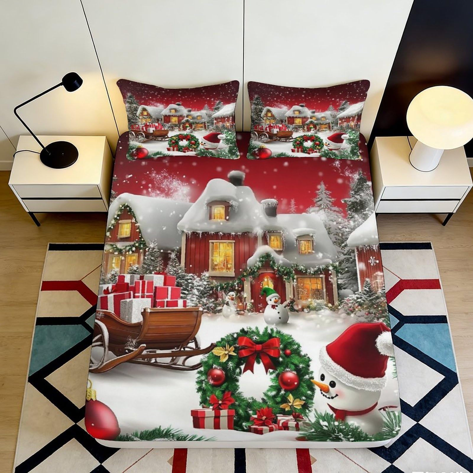 3D Printed Christmas Village Fitted Sheet Microfiber Festive Snowman Bed Cover for Bedroom Guest Room Decor 90x200x25cm