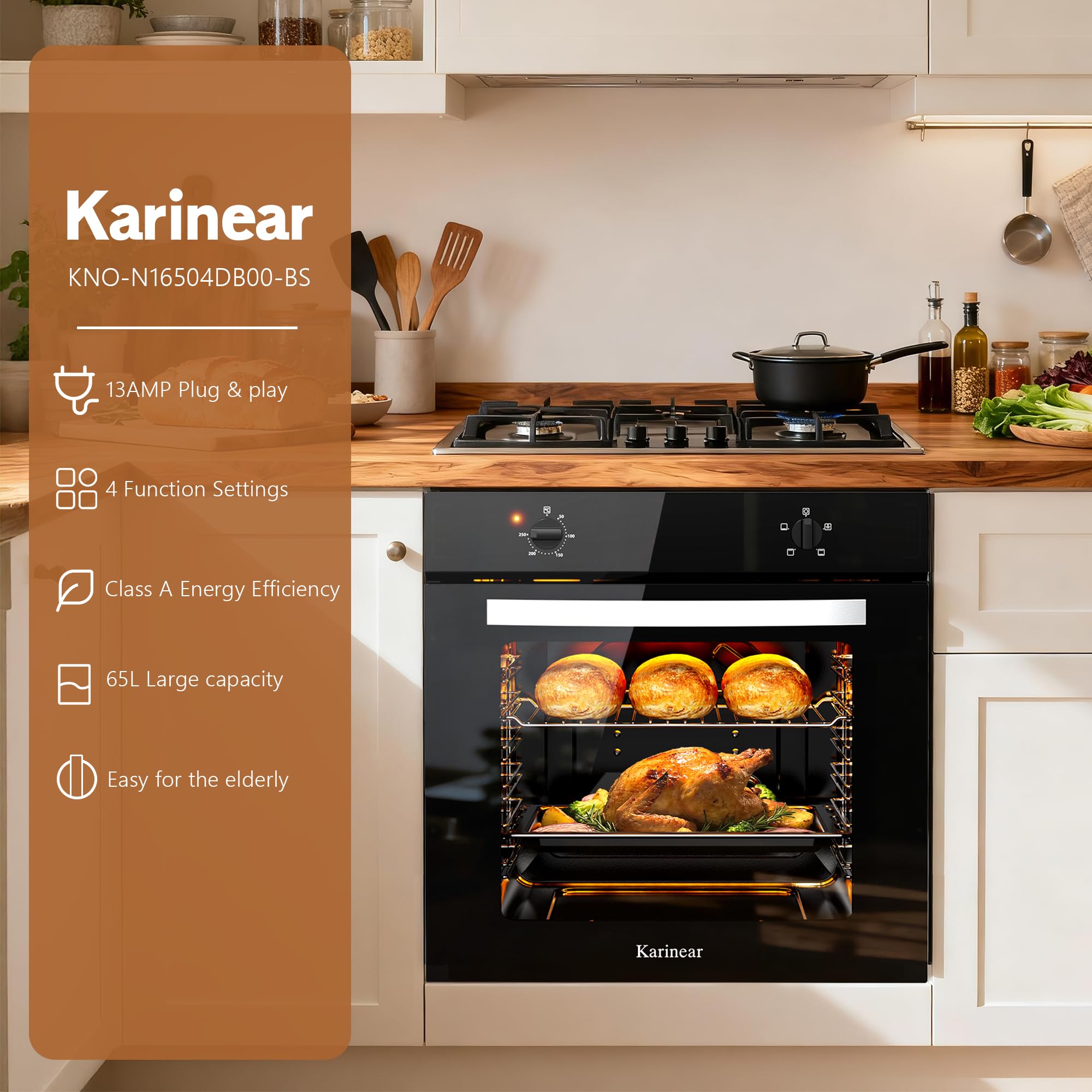 Karinear Electric Oven 65L Built in Knob Control 5 Functions 2000W Plug and Play 220V 60cm Wide Black — view 3