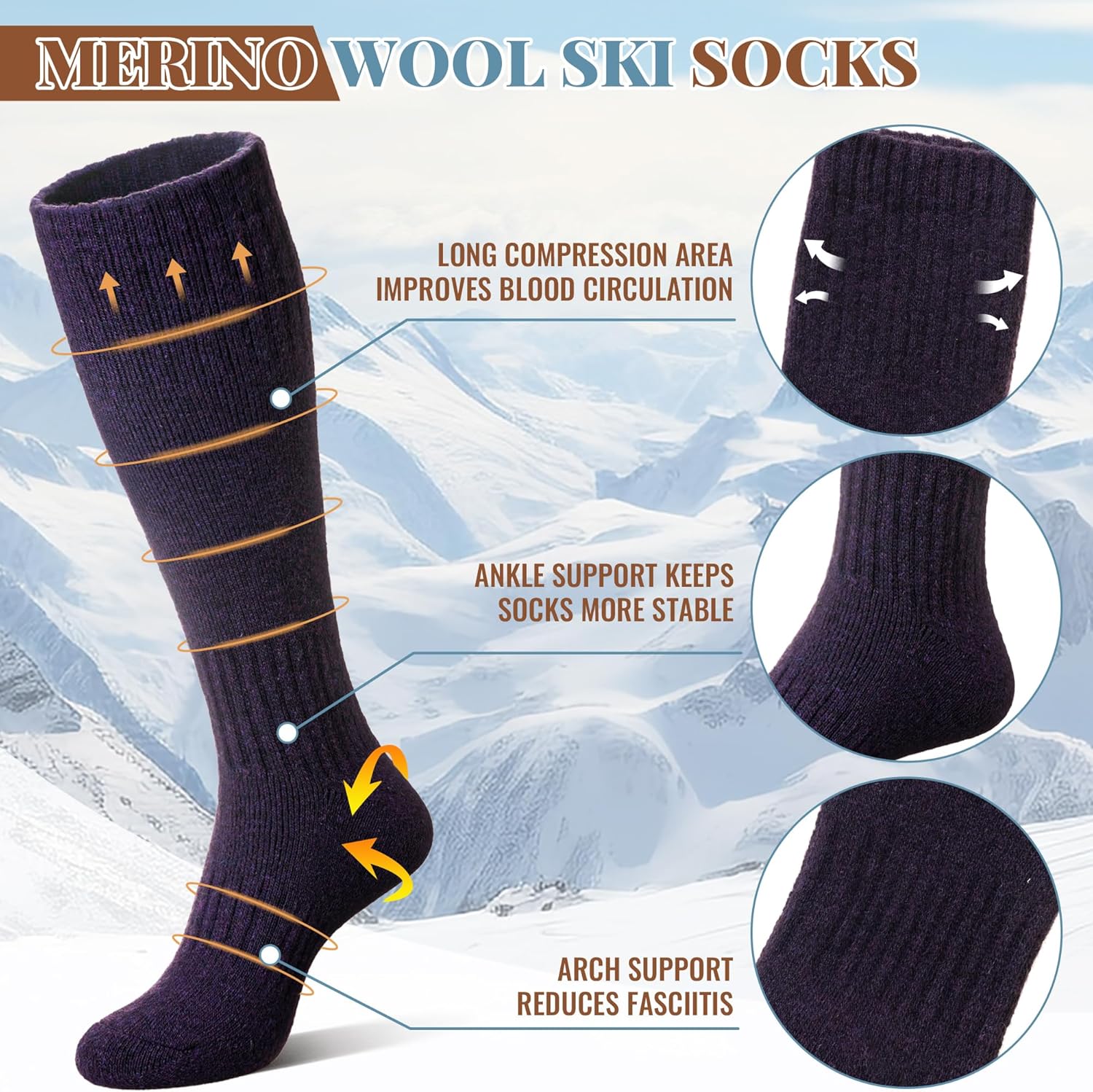 Eocom Unisex Merino Wool Ski Socks Thermal Warm Winter Thick Knee High Long Snowboarding Boot Socks for Women Men 3 Pairs