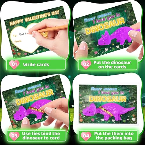 Miniatura 4 de Paquete de 30 tarjetas de San Valentín para niños en el aula con dedos de dinosaurio con tirachinas, juguetes divertidos y elásticos, figuras de
