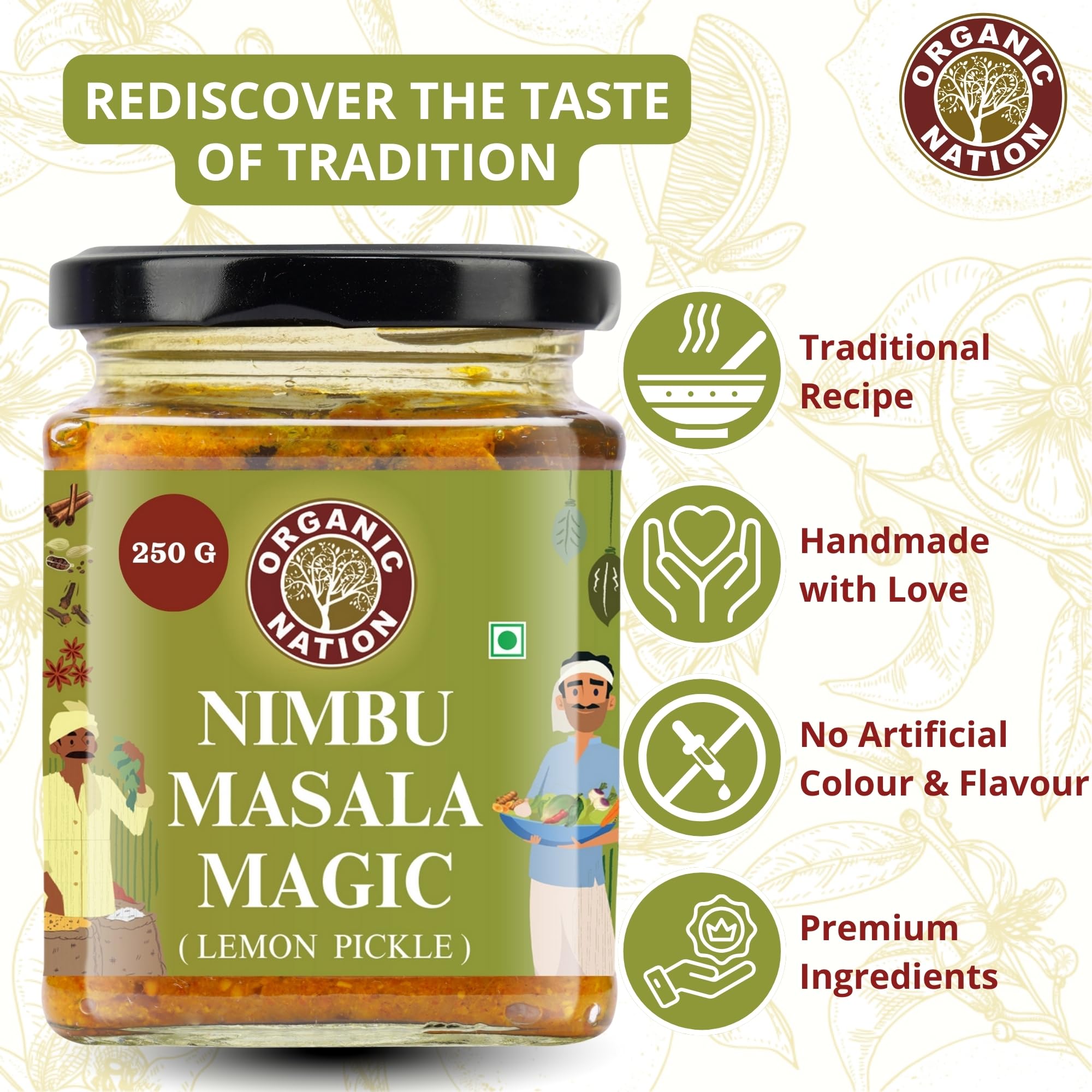 ORGANIC NATION Zesty & Authentic Lemon Pickle | Premium Lemon Achar with Tangy & Spicy Flavour Traditional Nimbu Ka Achar Natural & Preservative-Free 250g Jar Bright Yellow Delight for Every Meal 2
