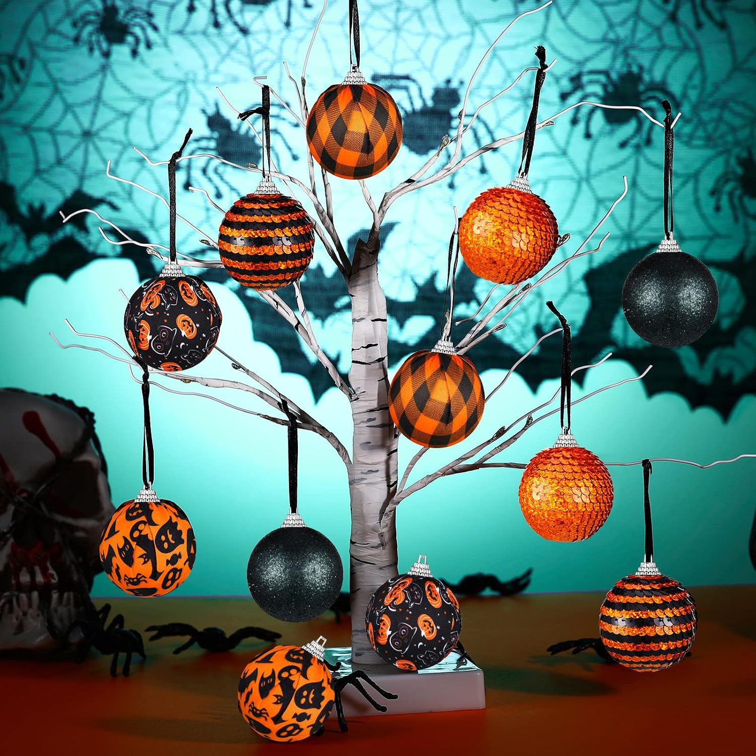 12 Pieces Halloween Ornament for Tree Halloween Day Ball Ornament Glitter Ghost Black Orange Ball Tree Decoration for Party Hanging Decor