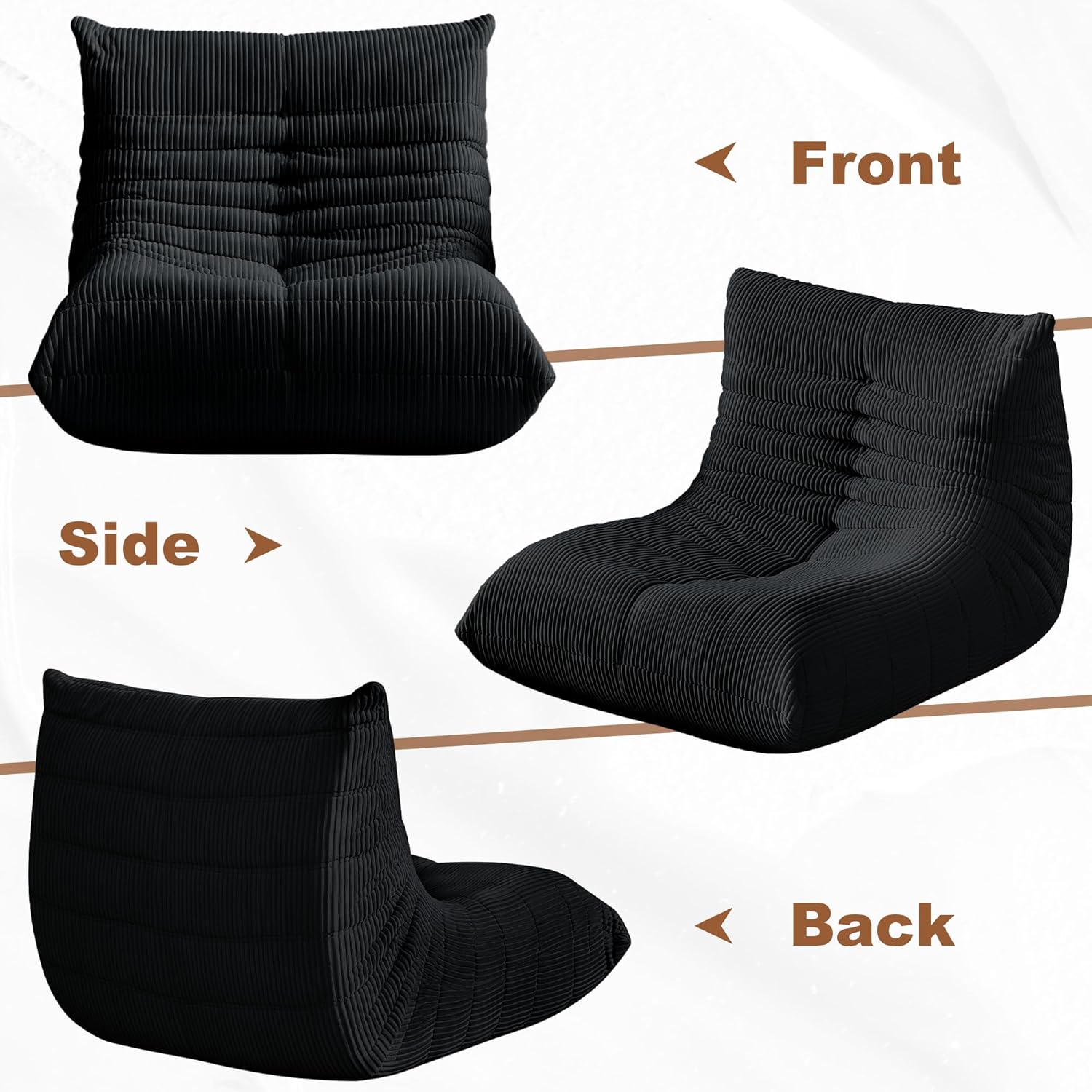 Bean Bag Chair for Adults, Giant Bean Bag Chairs with Lumbar Pillow, Oversized Corduroy Memory Foam Boneless Chair with High-Rebound, Lazy Floor Sofa for Reading Gaming Living Room Bedroom, Black