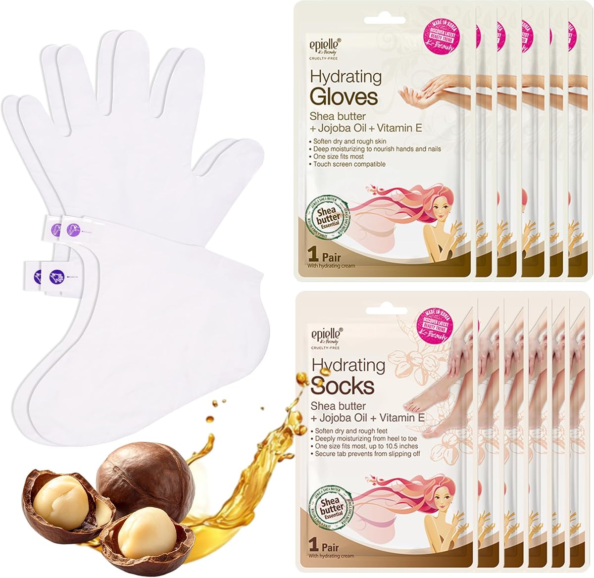 Epielle Mascarillas hidratantes para manos y pies, alivia y suaviza la piel seca y con exceso de trabajo, regalos de cuidado personal para mujeres, kit de spa, 6 guantes hidratantes y 6 calcetines hidratantes