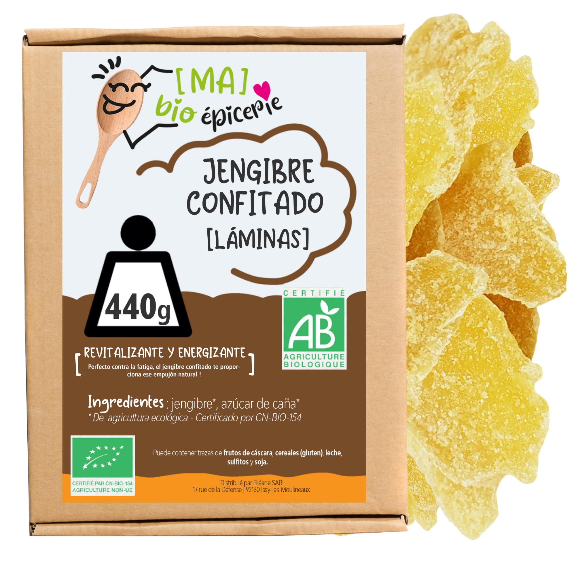 MA bio-épicerie - Jengibre Confitado Ecológico en Láminas 440 g - Jengibre Deshidratado a Granel sin Conservantes - Fruta Confitada Eco para Cocina y Degustación