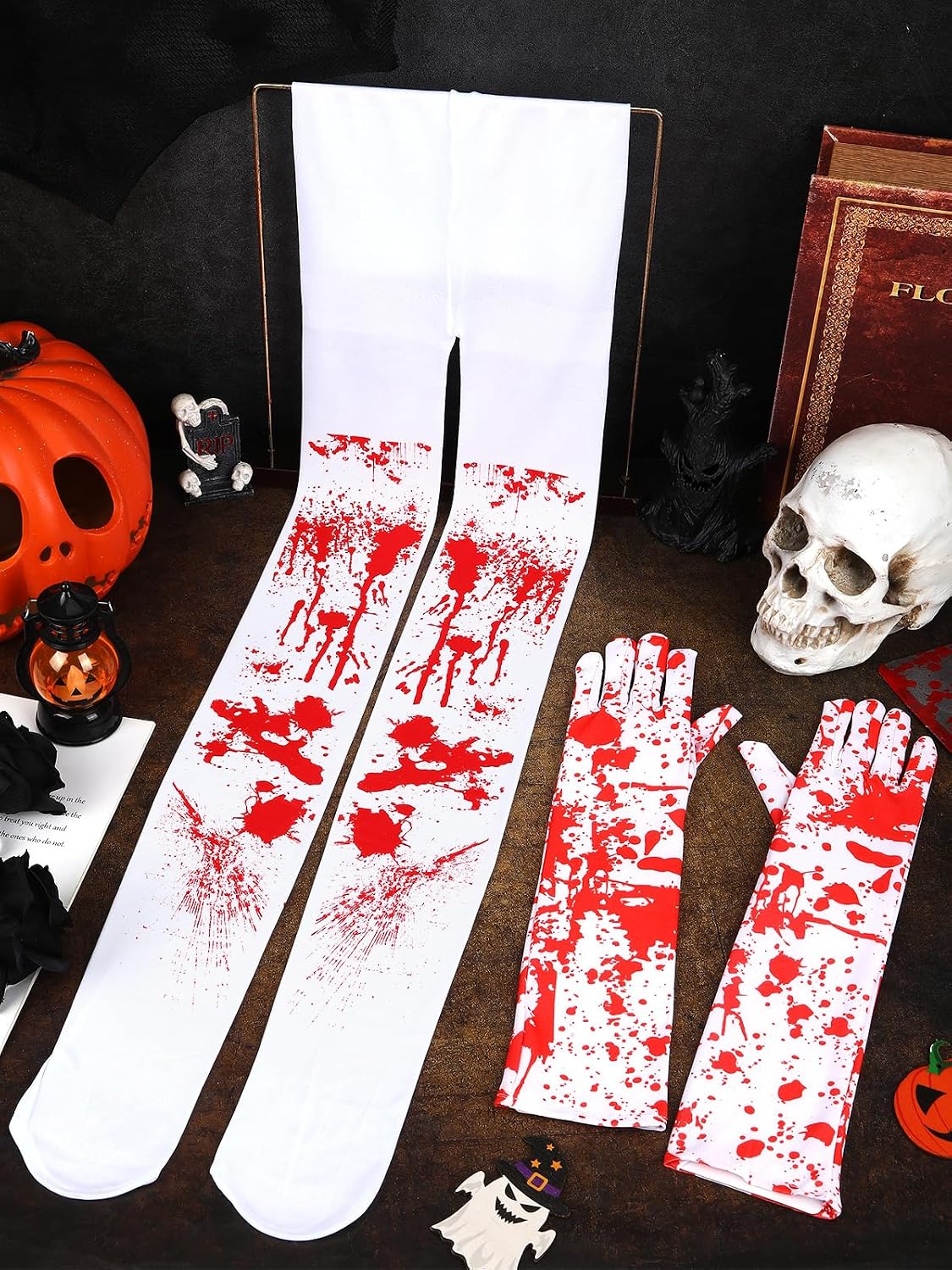 Fake Blood Tights and Glove 2 Pcs Halloween Party Costume Set