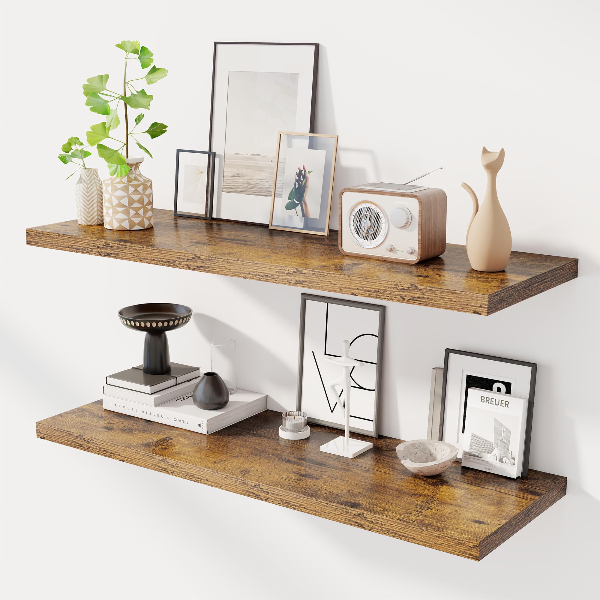 Dreamland 40" Floating Shelves for Wall, 12" Deep Slim Rustic Brown Floating Shelves, Wall-Mounted Shelves for Bedroom, Living Room, Kitchen, Bathroom - Set of 2